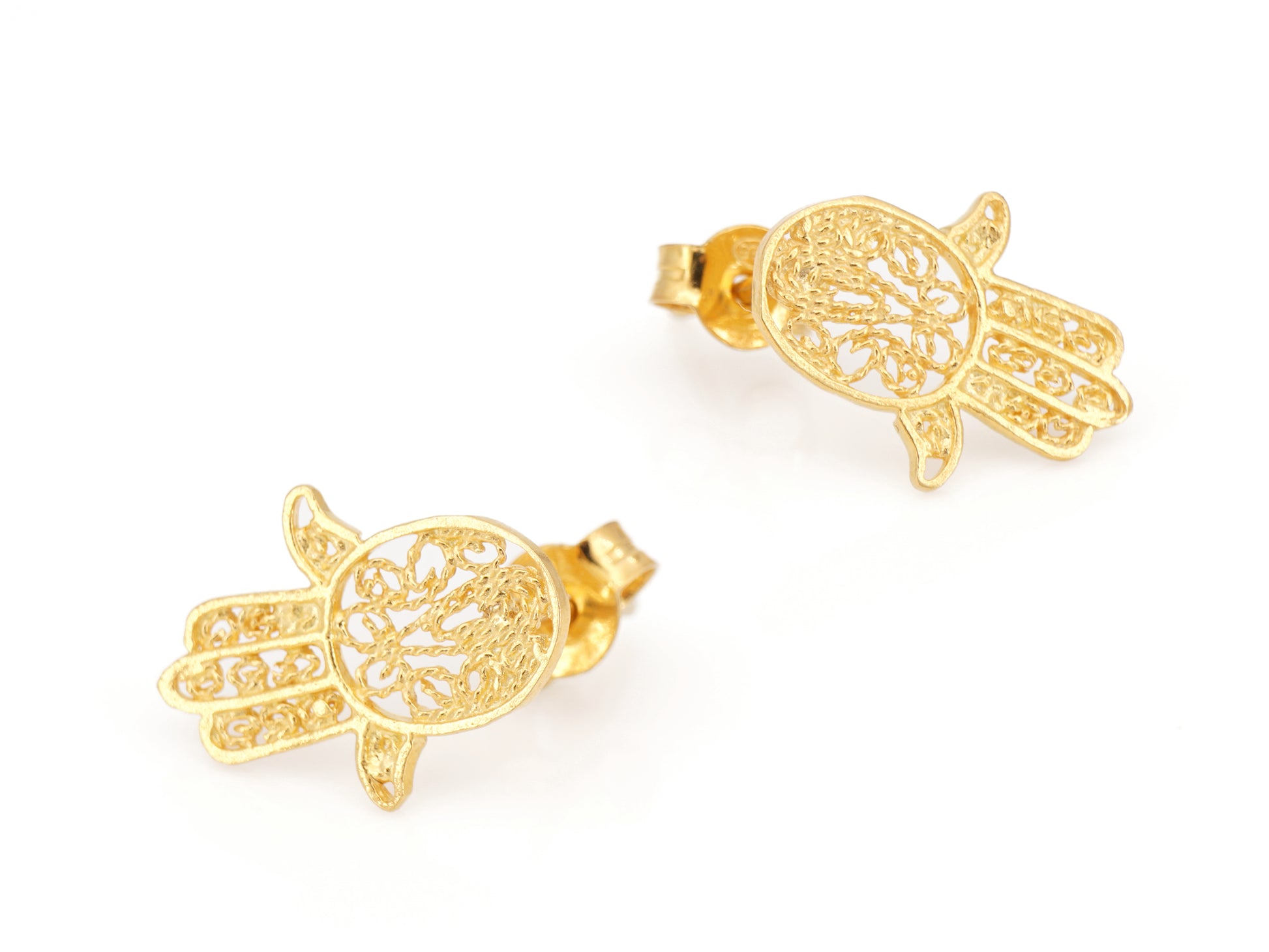 Brincos Mini Mão de Fátima, Filigrana Portuguesa, Prata de Lei 925 Dourada - Perspectiva