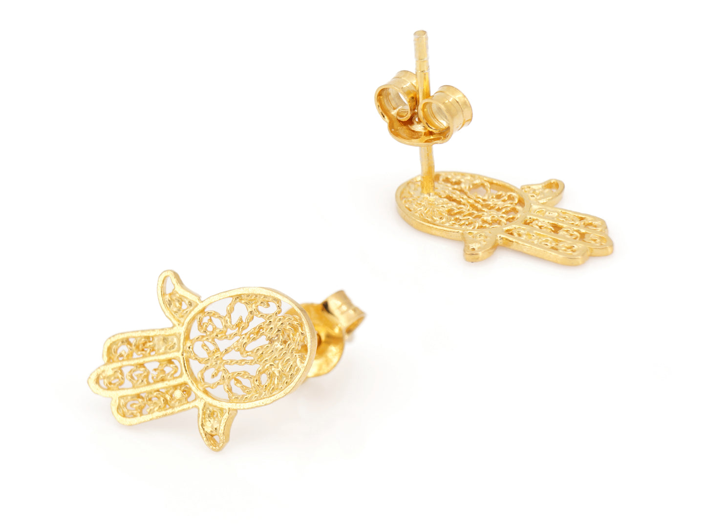 Brincos Mini Mão de Fátima, Filigrana Portuguesa, Prata de Lei 925 Dourada - Perspectiva, Vista de Frente e Vista de Trás