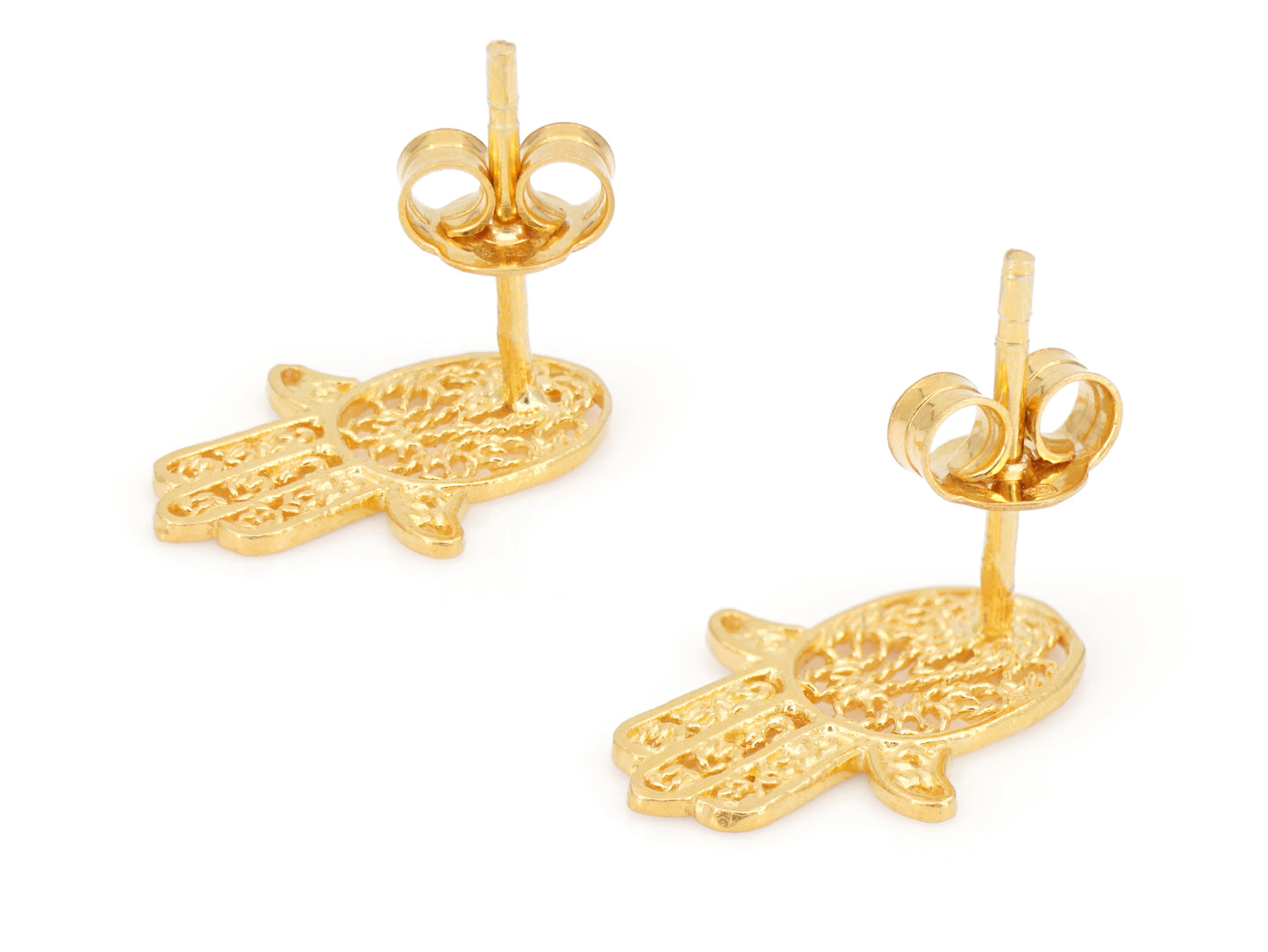 Brincos Mini Mão de Fátima, Filigrana Portuguesa, Prata de Lei 925 Dourada - Vista de Trás