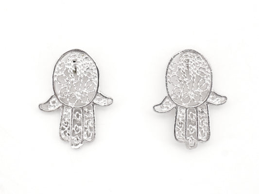 Brincos Mini Mão de Fátima, Filigrana Portuguesa, Prata de Lei 925 - Vista de Frente