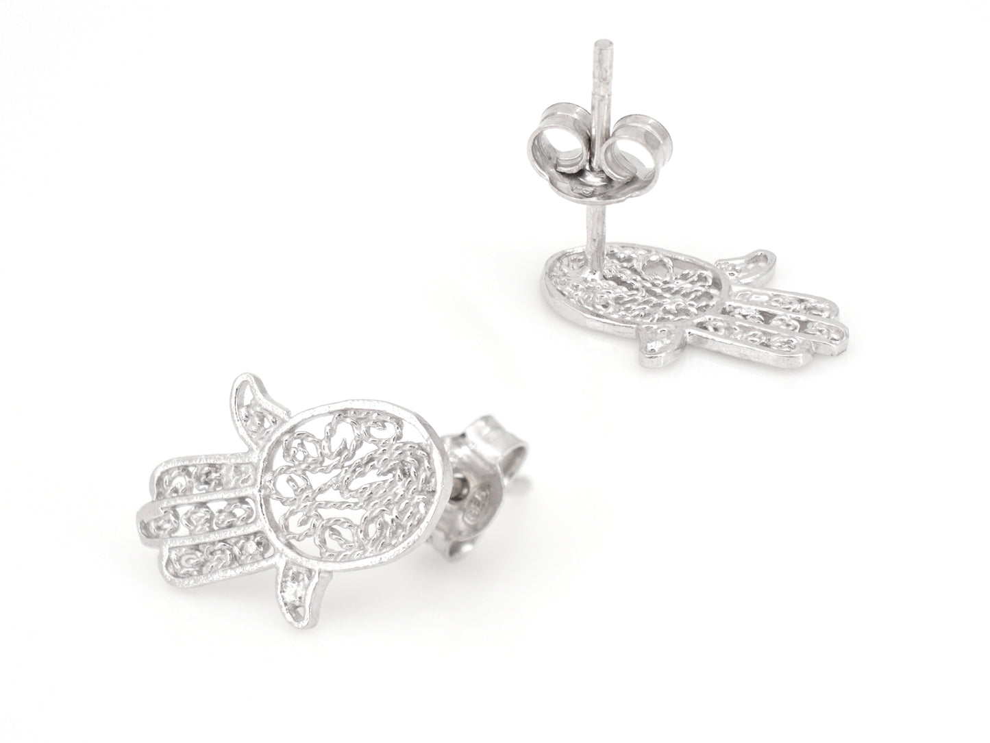 Brincos Mini Mão de Fátima, Filigrana Portuguesa, Prata de Lei 925 - Perspectiva, Vista de Frente e Vista de Trás