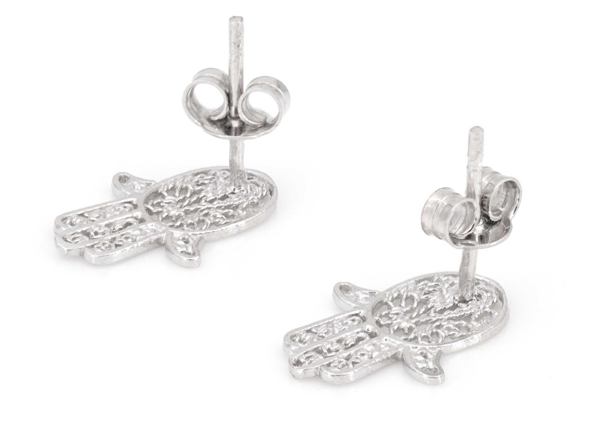 Brincos Mini Mão de Fátima, Filigrana Portuguesa, Prata de Lei 925 - Vista de Trás