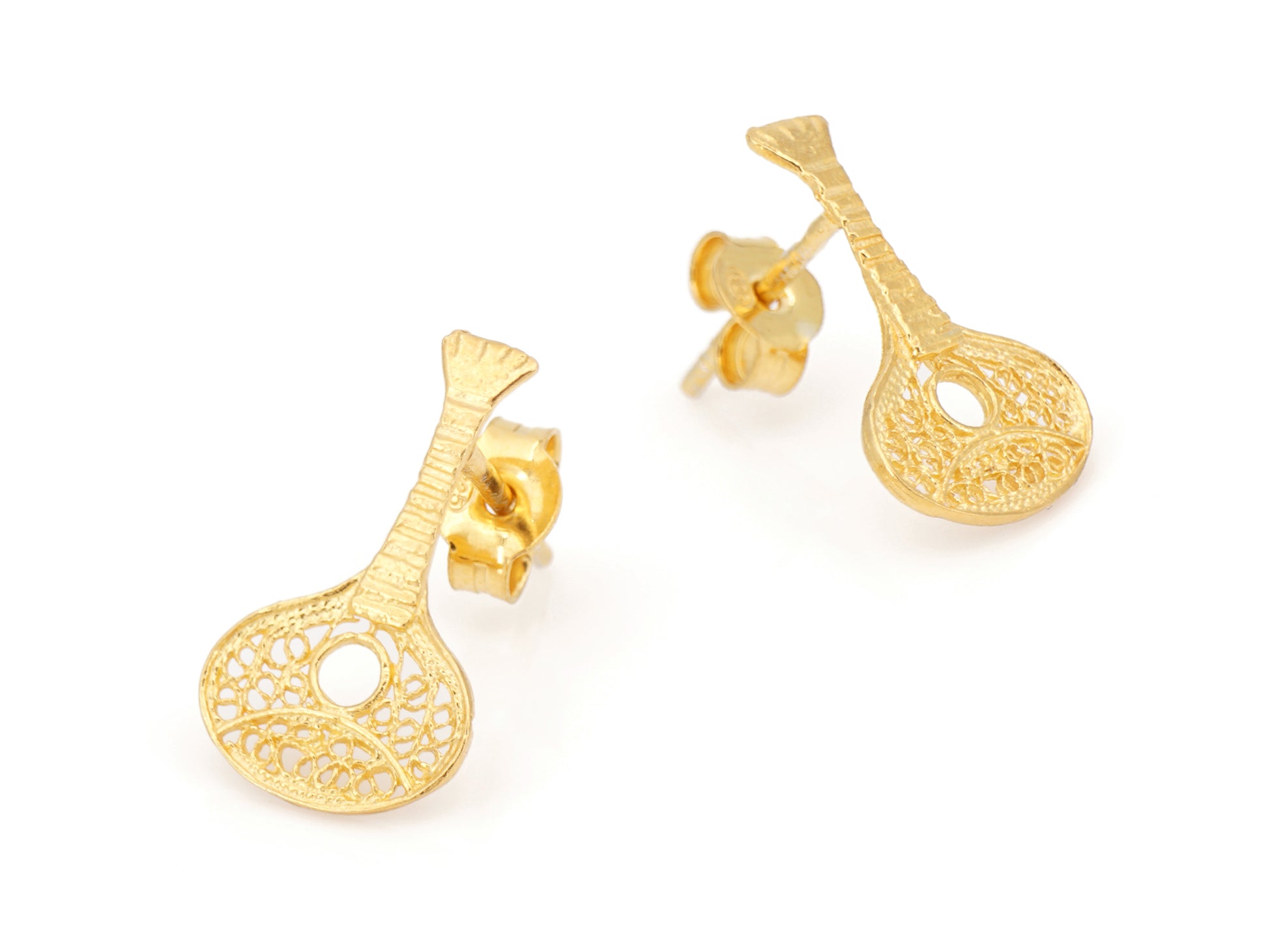 Brincos Mini Guitarra Portuguesa, Filigrana Portuguesa, Prata de Lei 925 Dourada - Perspectiva