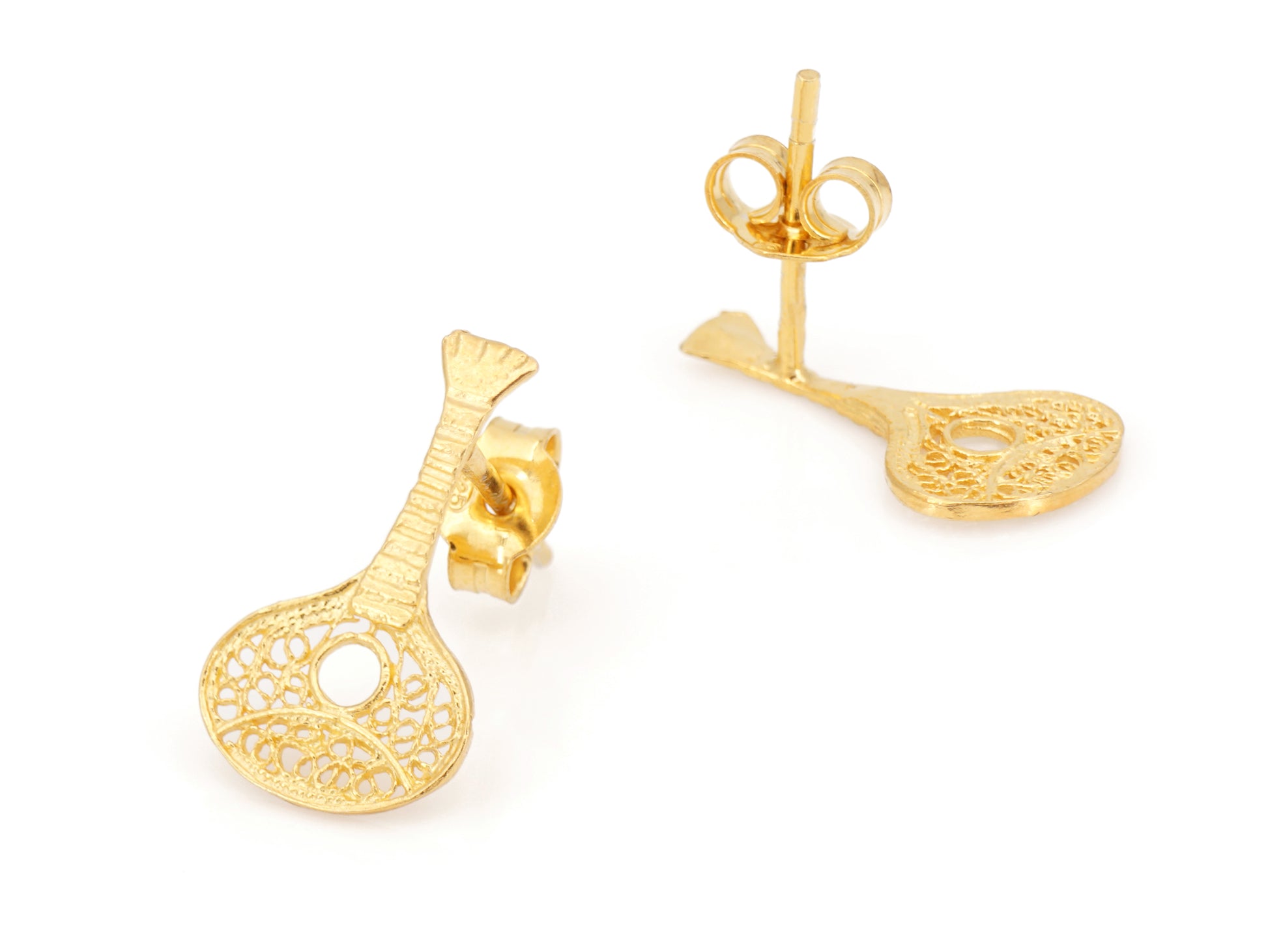 Brincos Mini Guitarra Portuguesa, Filigrana Portuguesa, Prata de Lei 925 Dourada - Perspectiva, Vista de Frente e Vista de Trás