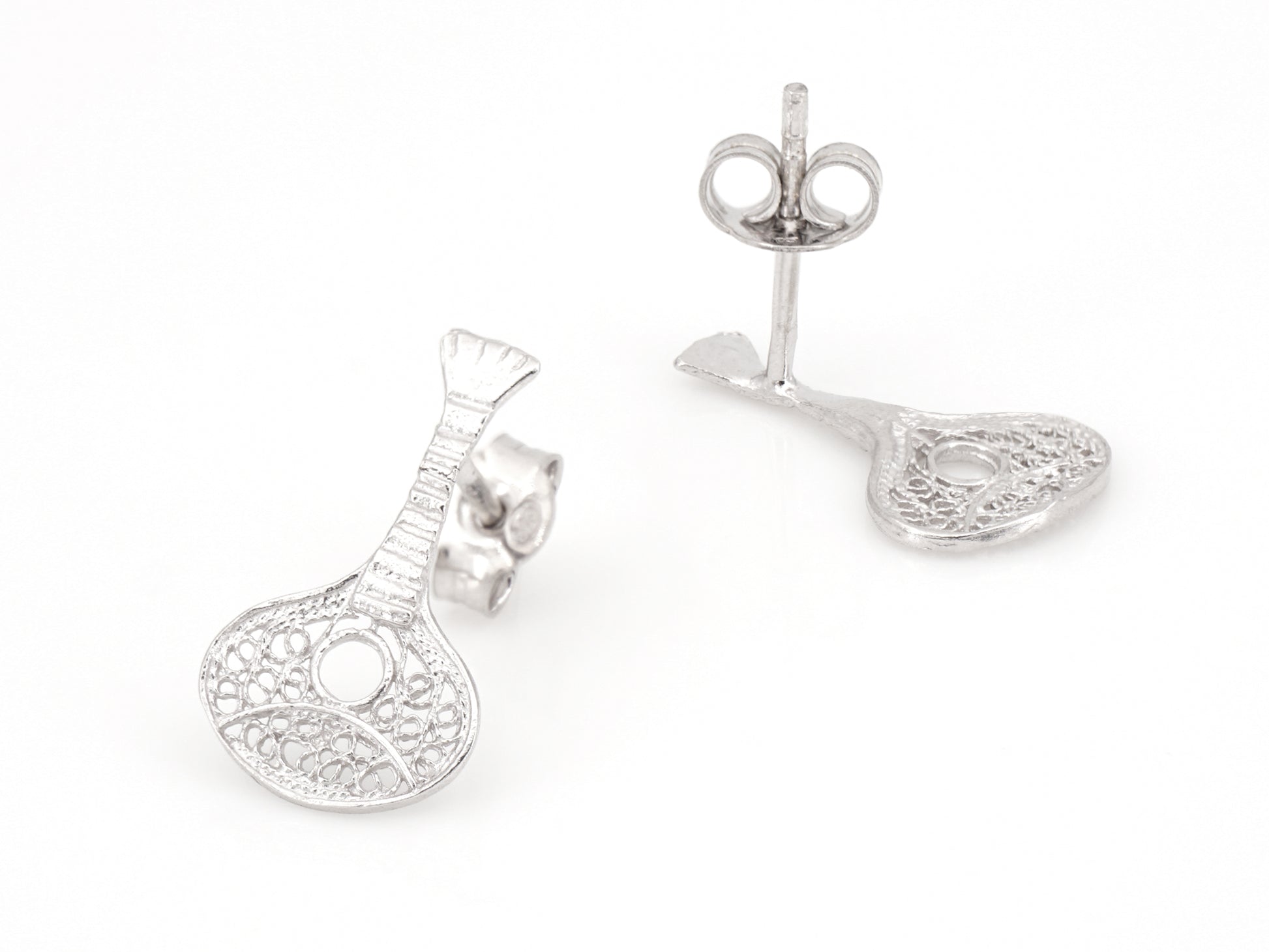 Brincos Mini Guitarra Portuguesa, Filigrana Portuguesa, Prata de Lei 925 - Perspectiva, Vista de Frente e Vista de Trás