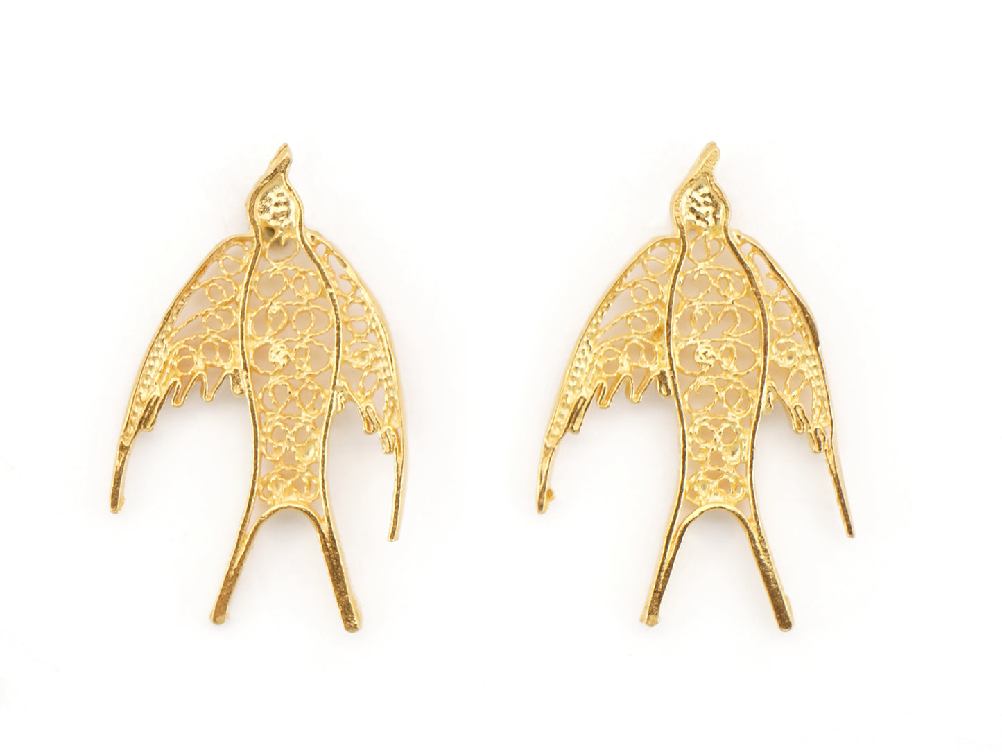 Brincos Mini Andorinha, Filigrana Portuguesa, Prata de Lei 925 Dourada - Vista de Frente