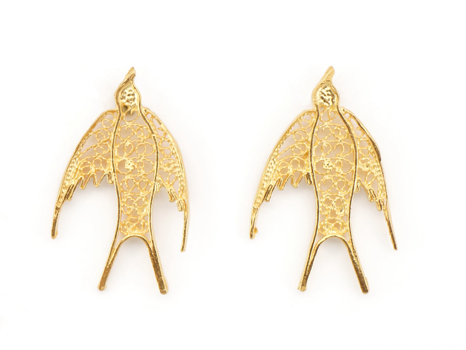 Brincos Mini Andorinha, Filigrana Portuguesa, Prata de Lei 925 Dourada - Vista de Frente