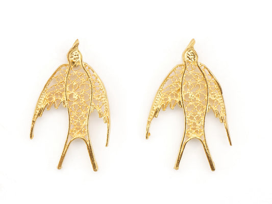 Brincos Mini Andorinha, Filigrana Portuguesa, Prata de Lei 925 Dourada - Vista de Frente