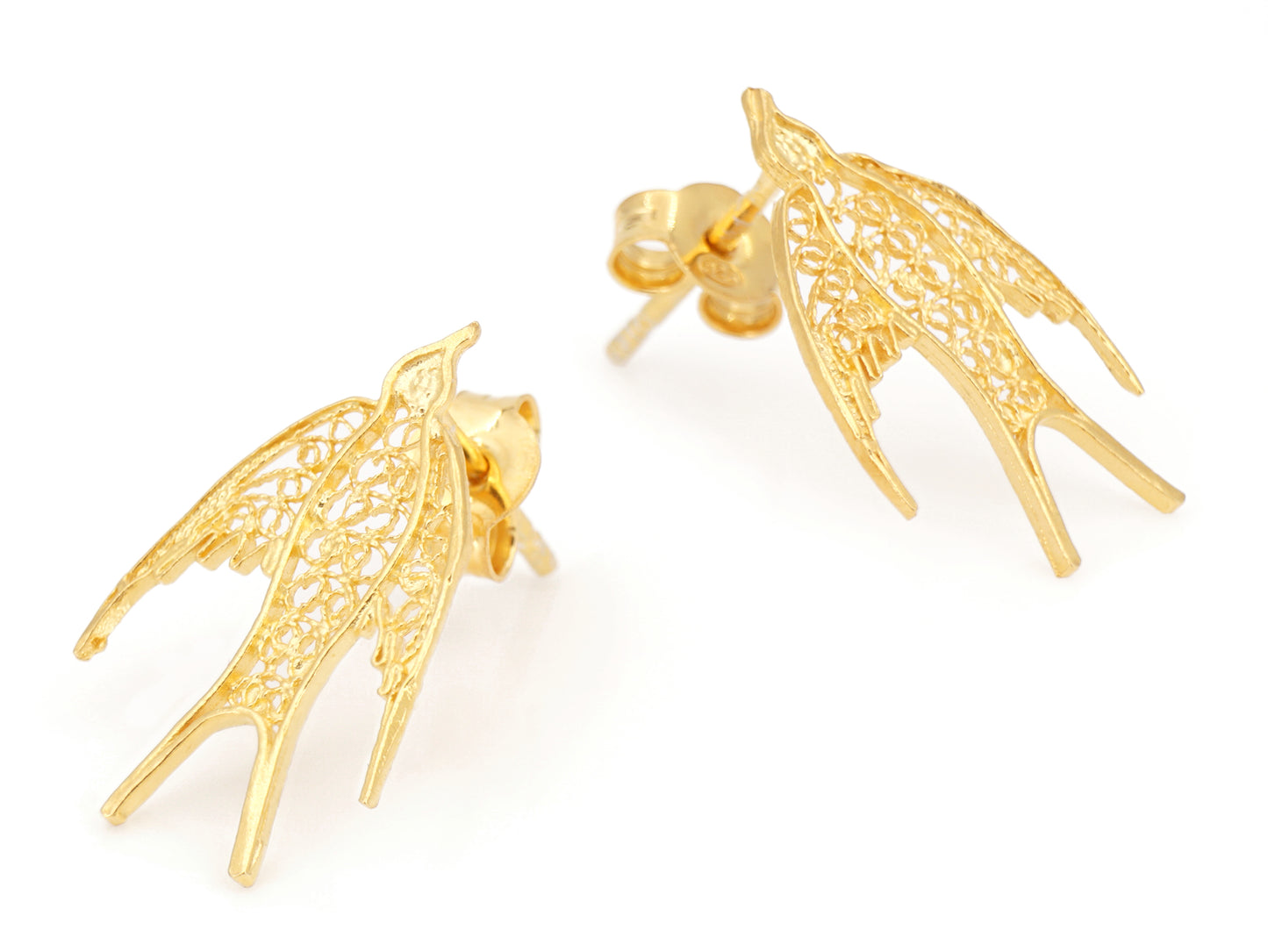 Brincos Mini Andorinha, Filigrana Portuguesa, Prata de Lei 925 Dourada - Perspectiva