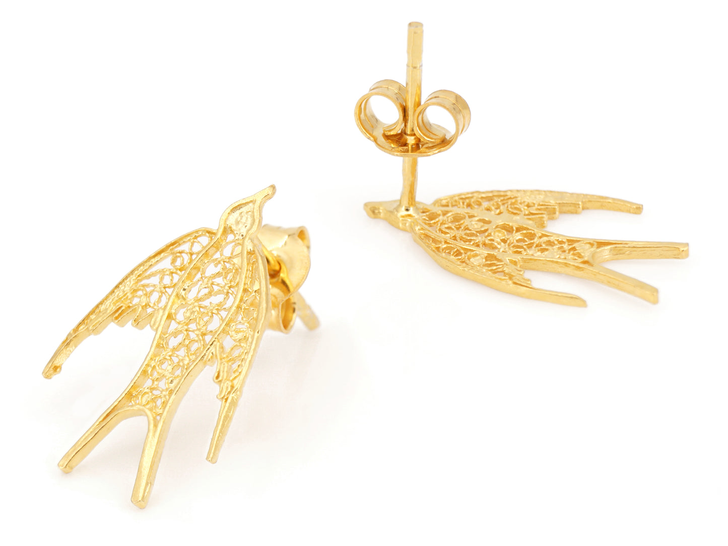 Brincos Mini Andorinha, Filigrana Portuguesa, Prata de Lei 925 Dourada - Perspectiva, Vista de Frente e Vista de Trás