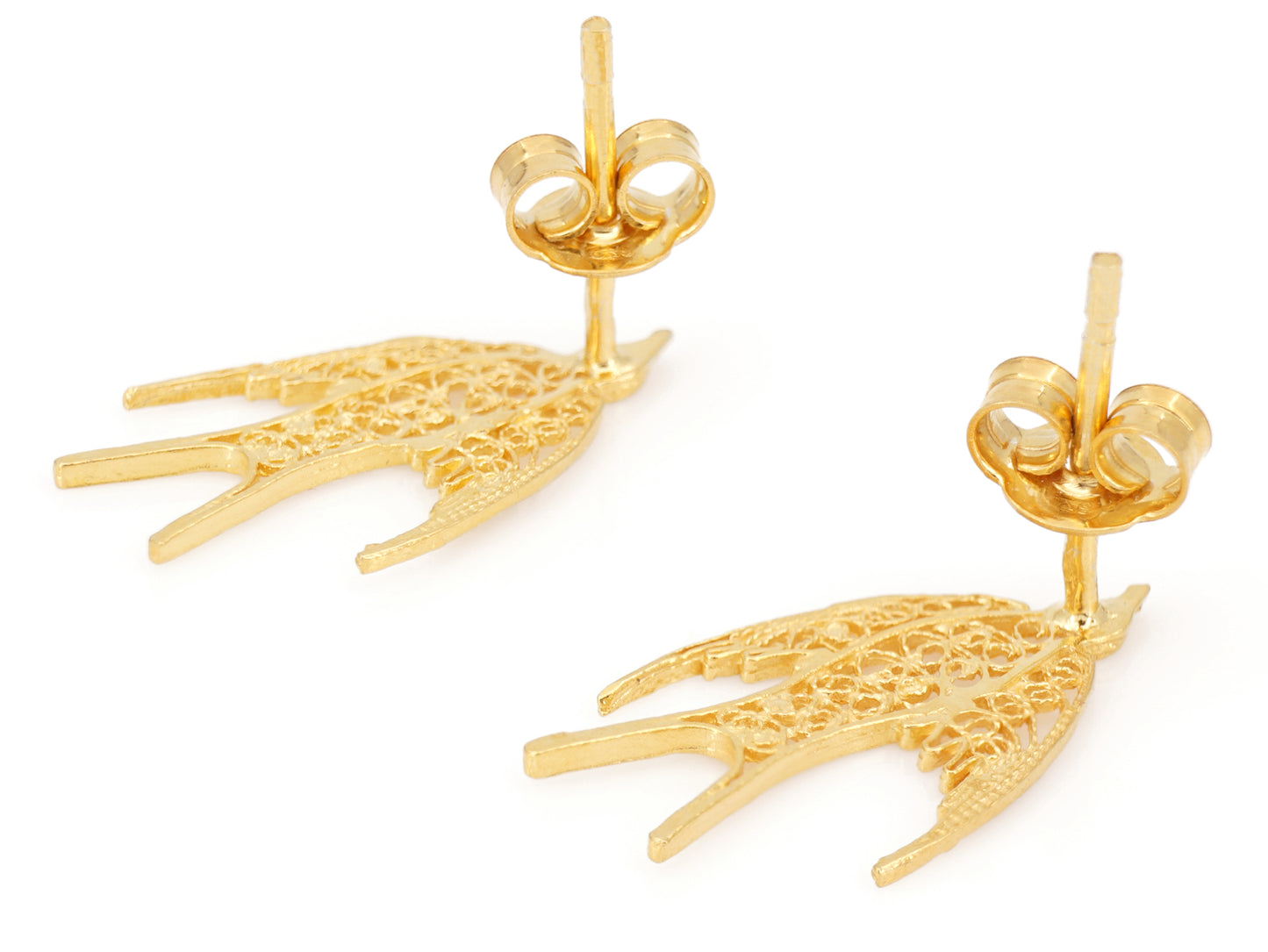 Brincos Mini Andorinha, Filigrana Portuguesa, Prata de Lei 925 Dourada - Vista de Trás