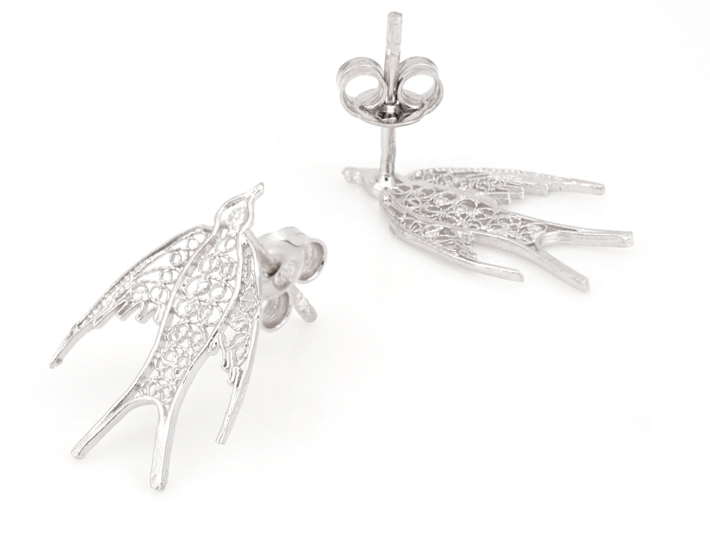 Brincos Mini Andorinha, Filigrana Portuguesa, Prata de Lei 925 - Perspectiva, Vista de Frente e Vista de Trás