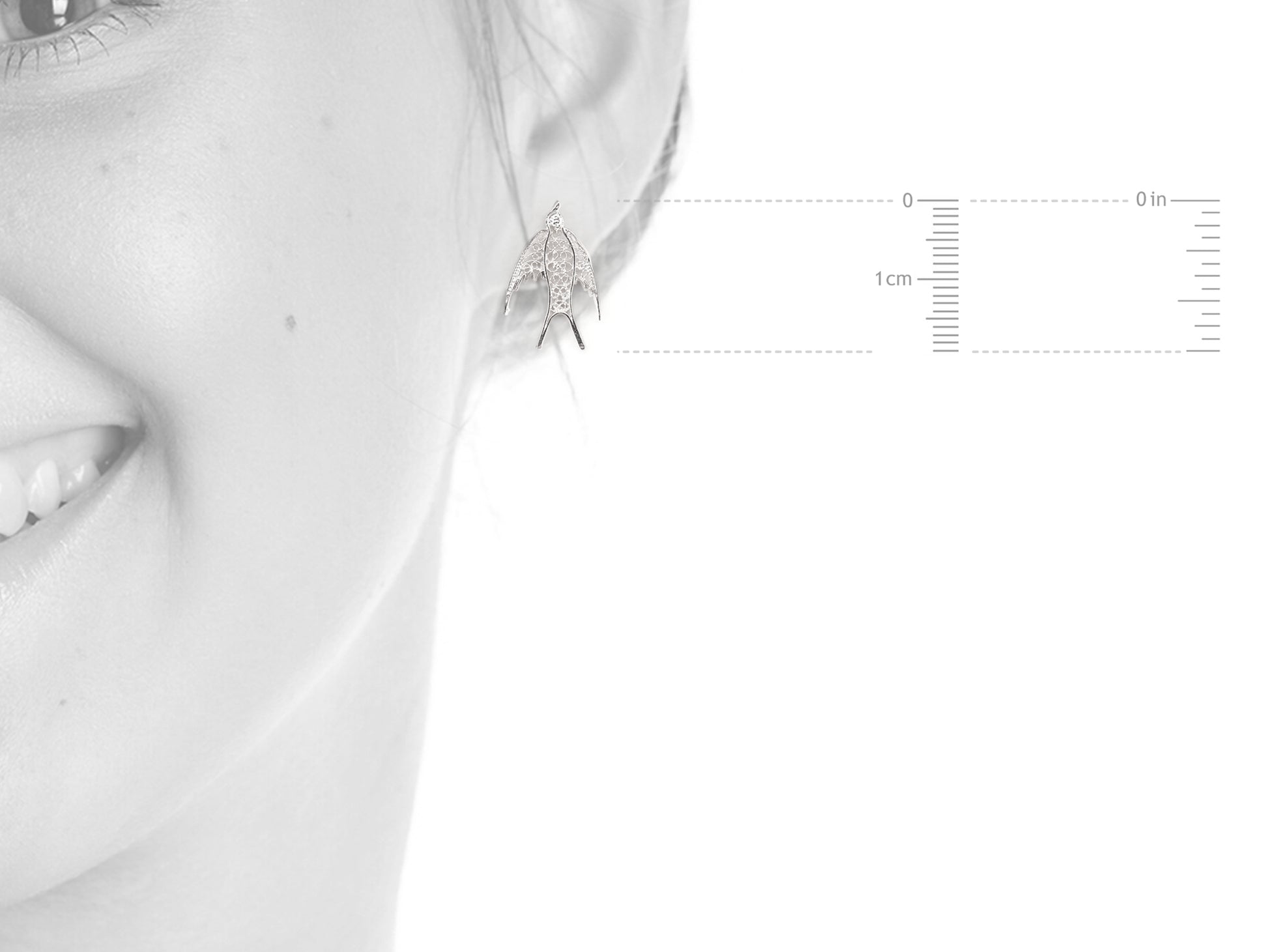 Brincos Mini Andorinha, Filigrana Portuguesa, Prata de Lei 925 - Medidas