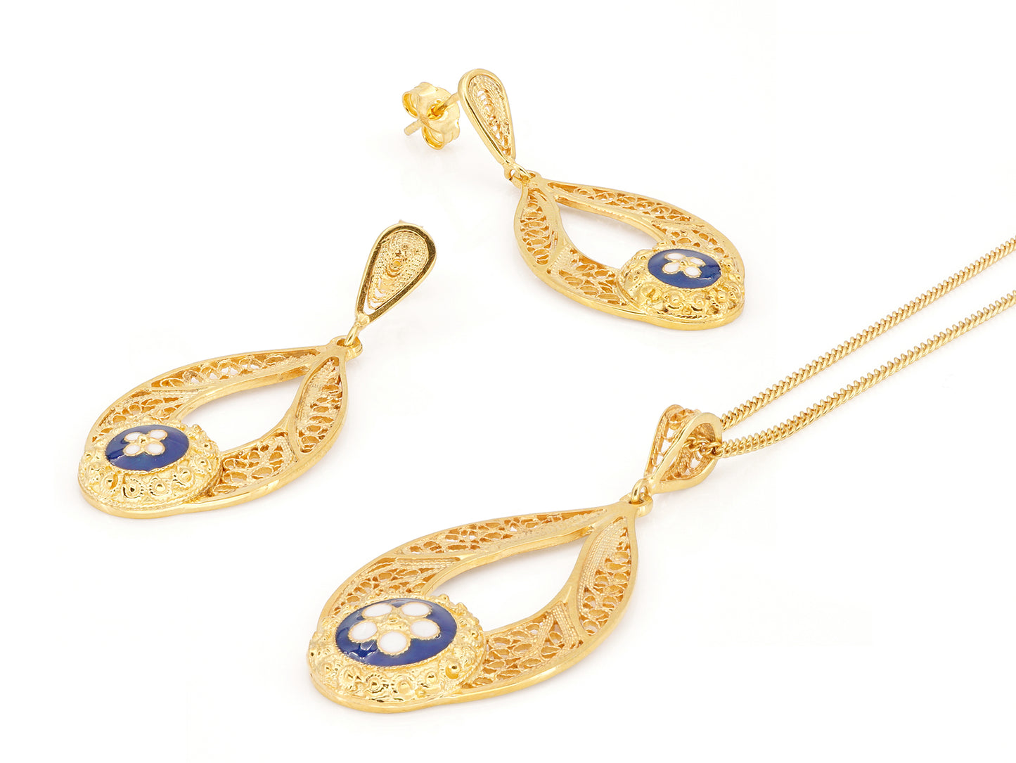 Conjunto Brincos e Colar Lágrima com Caramujo, Filigrana Portuguesa, Prata de Lei 925 Dourada