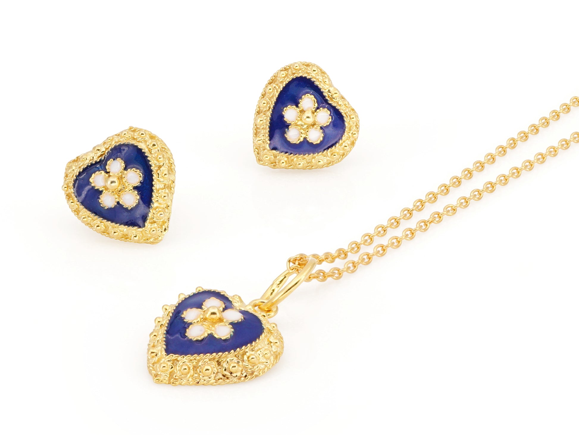 Conjunto Brincos e Colar Corações Caramujo Azul, Filigrana Portuguesa, Prata de Lei 925 Dourada