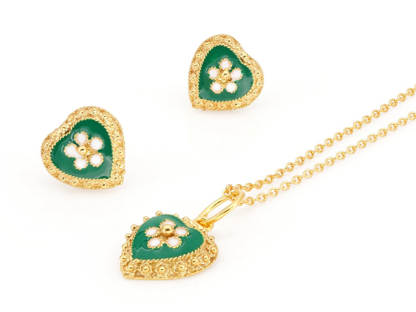 Conjunto Brincos e Colar Corações Caramujo Verde, Filigrana Portuguesa, Prata de Lei 925 Dourada