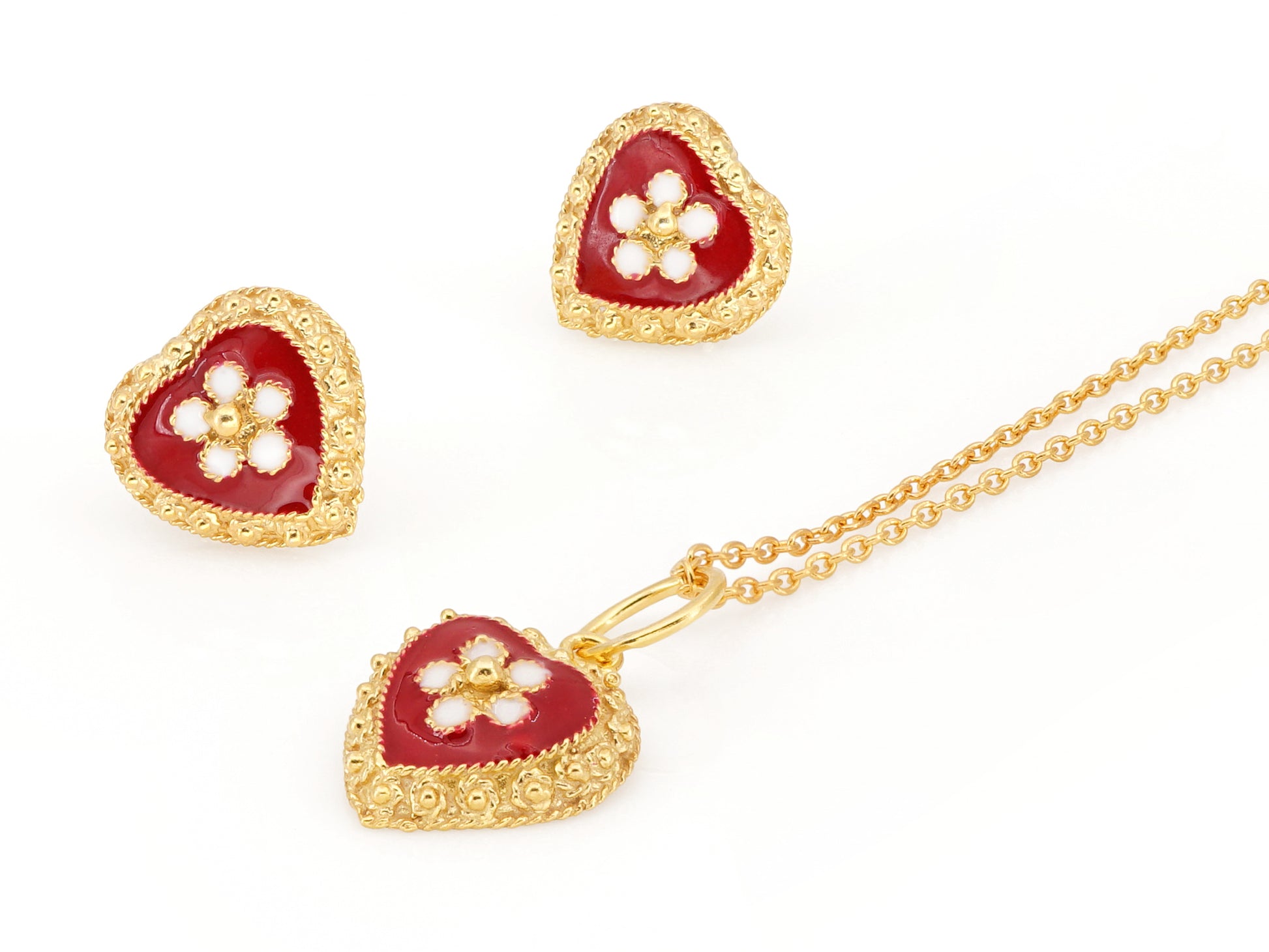 Conjunto Brincos e Colar Corações Caramujo Vermelho, Filigrana Portuguesa, Prata de Lei 925 Dourada