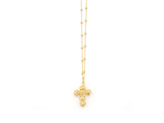 Colar com Cruz Extra Pequena de Contas de Viana 4mm, Filigrana Portuguesa, Prata de Lei 925 Dourada