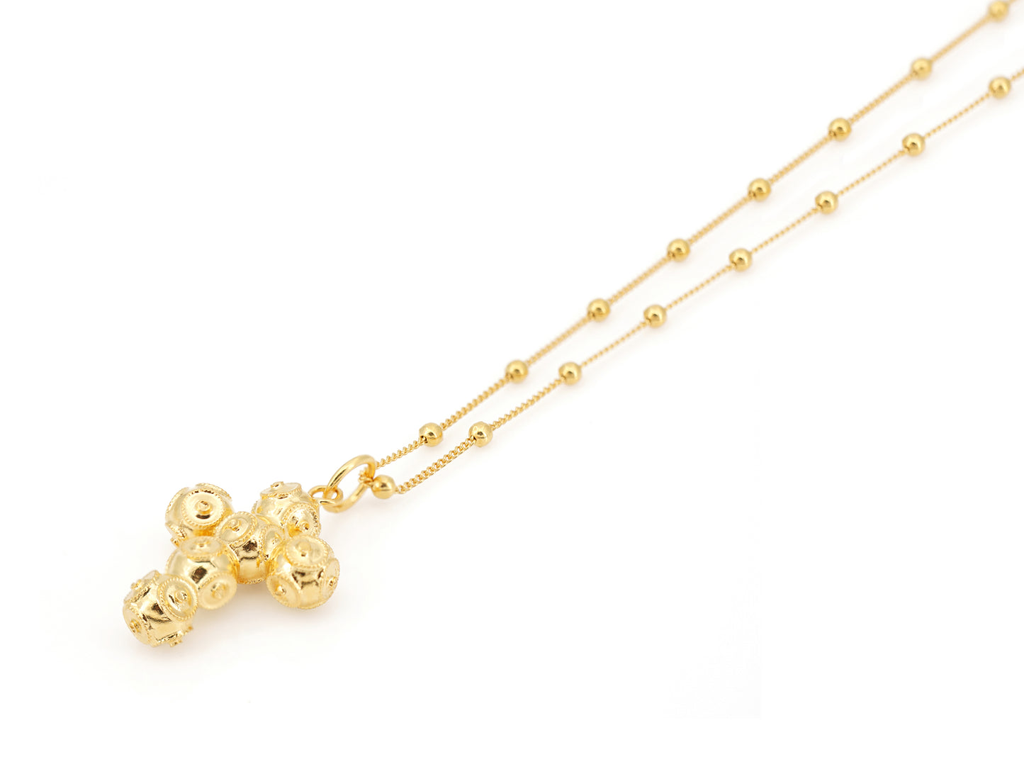 Colar com Cruz Extra Pequena de Contas de Viana 4mm, Filigrana Portuguesa, Prata de Lei 925 Dourada - Perspectiva