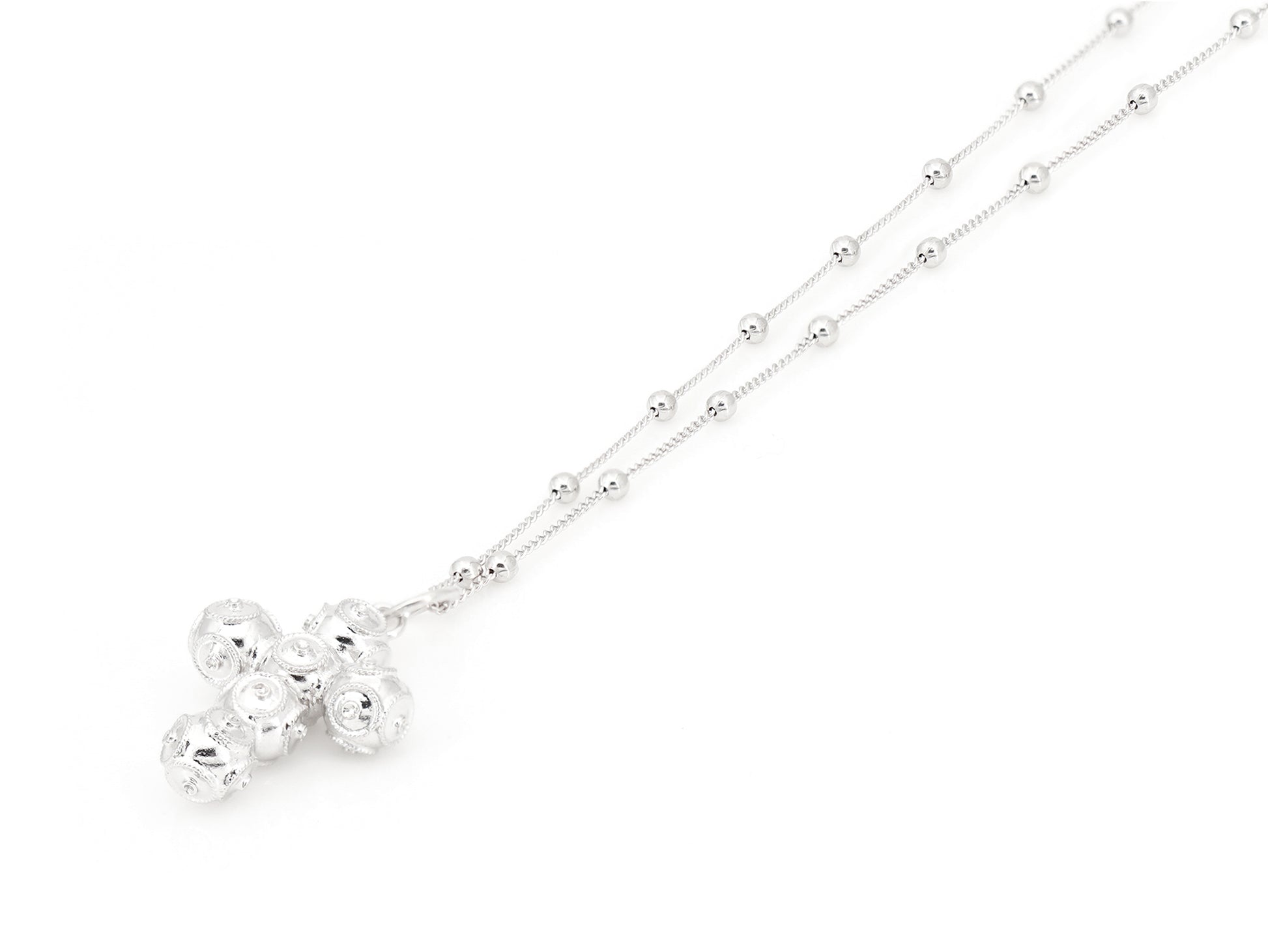 Colar com Cruz Extra Pequena de Contas de Viana 4mm, Filigrana Portuguesa, Prata de Lei 925 - Perspectiva