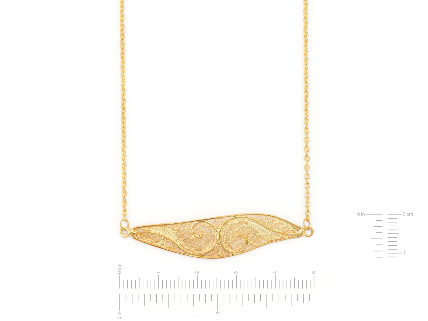 Colar Elemento Alongado Assimétrico, Filigrana Portuguesa, Prata de Lei 925 Dourada - Medidas