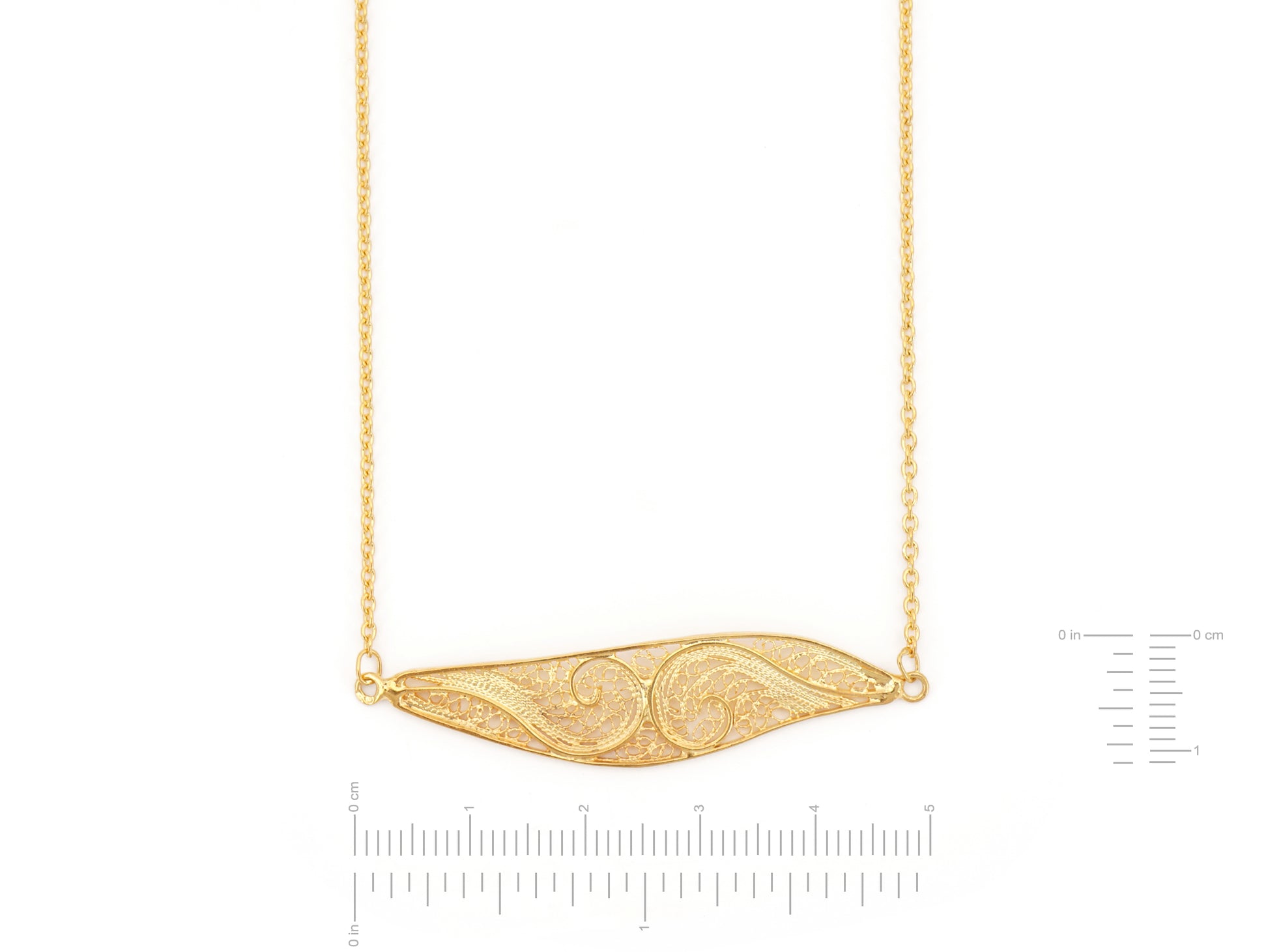 Colar Elemento Alongado Assimétrico, Filigrana Portuguesa, Prata de Lei 925 Dourada - Medidas