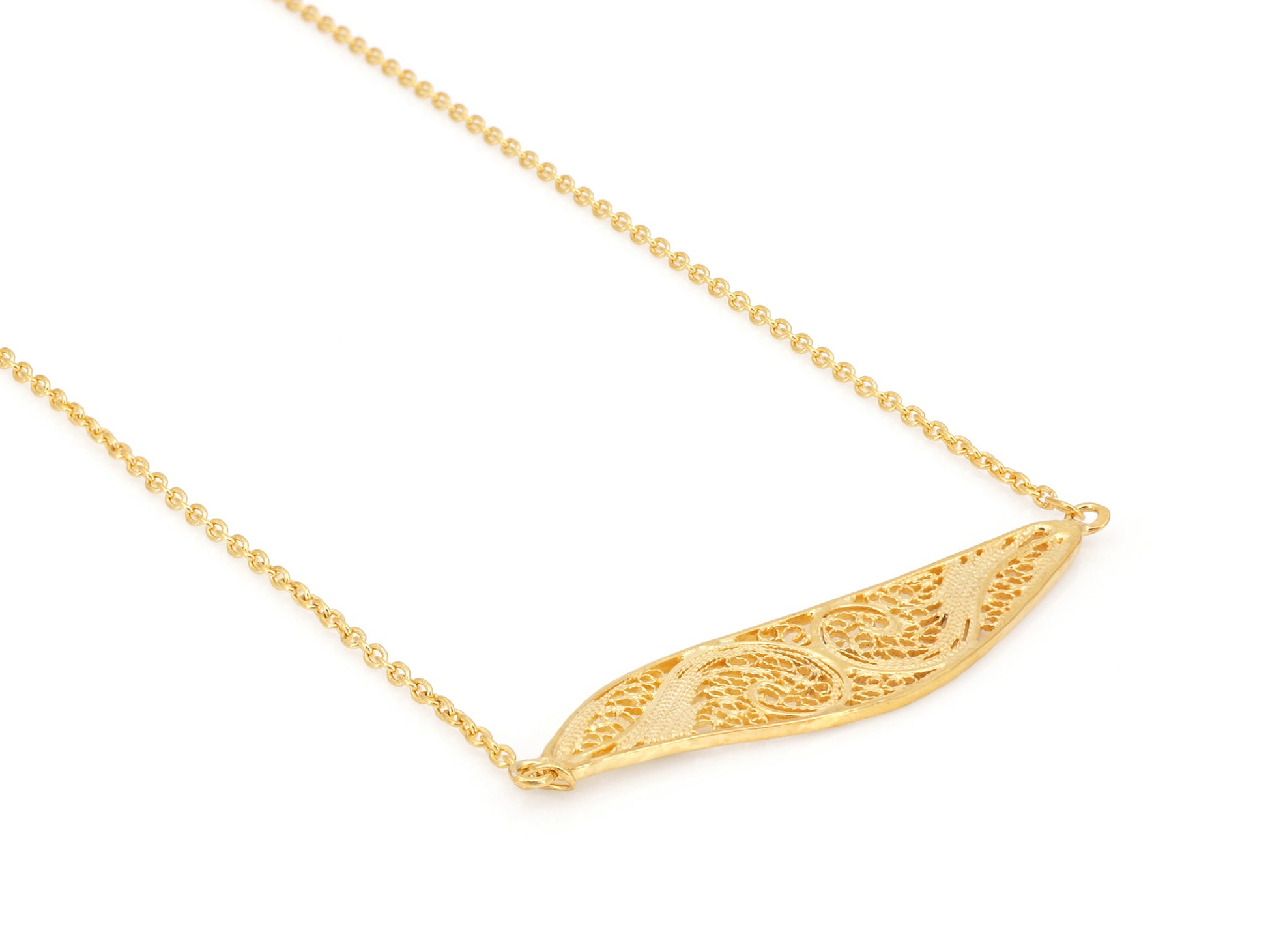 Colar Elemento Alongado Assimétrico, Filigrana Portuguesa, Prata de Lei 925 Dourada - Vista de Trás
