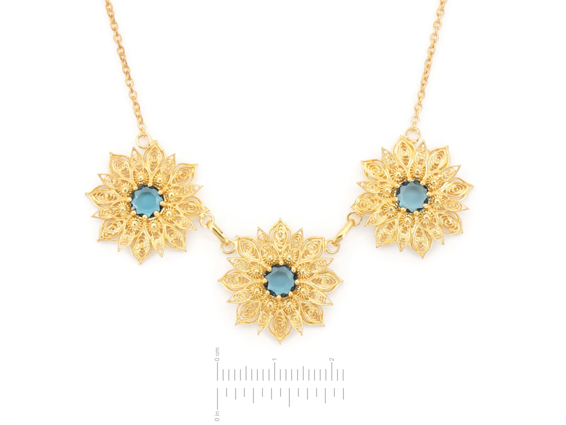 Colar Flores Ricas com Pedras, Filigrana Portuguesa, Prata de Lei 925 Dourada - Medida das Flores