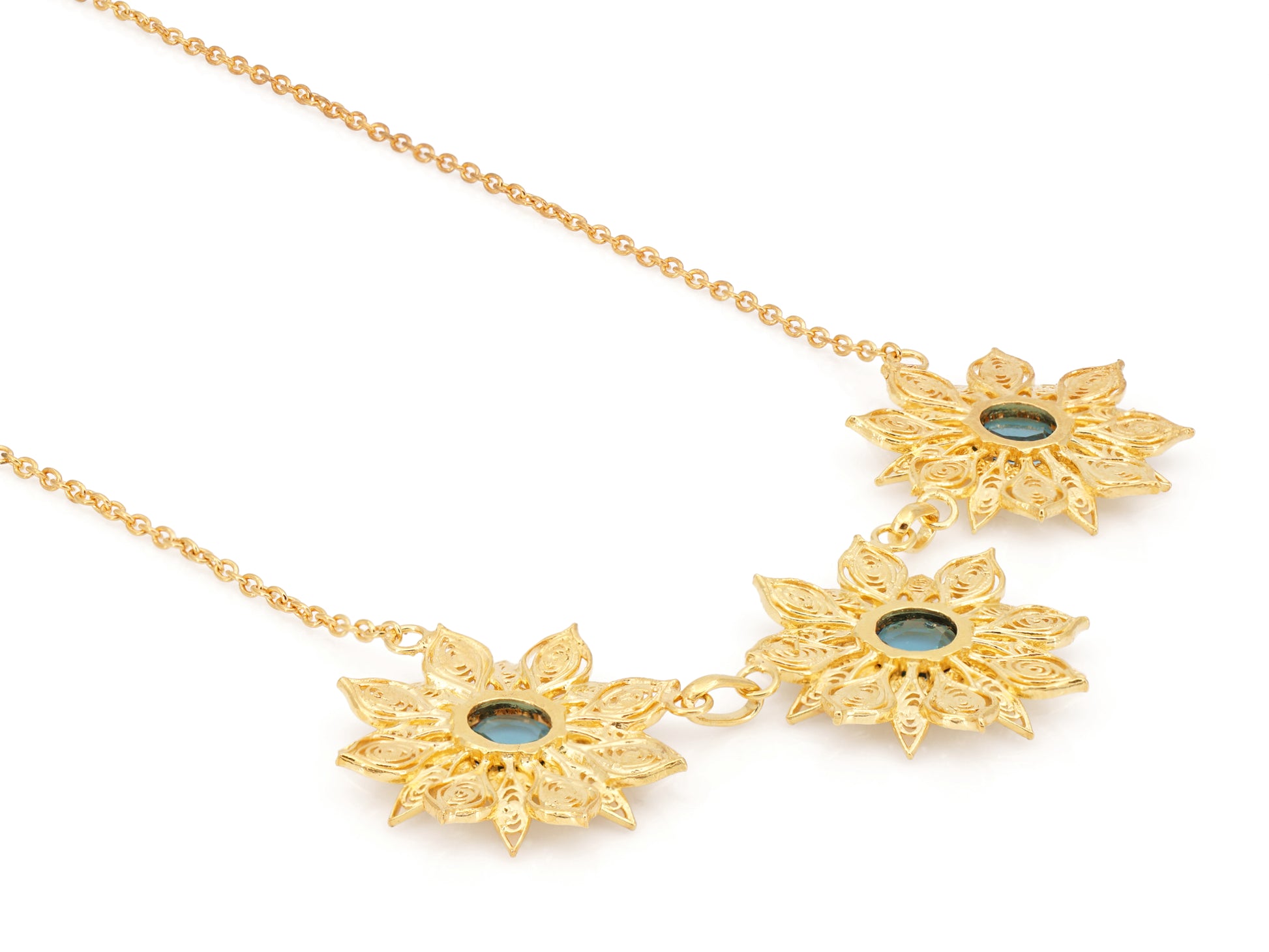 Colar Flores Ricas com Pedras, Filigrana Portuguesa, Prata de Lei 925 Dourada - Vista de Trás