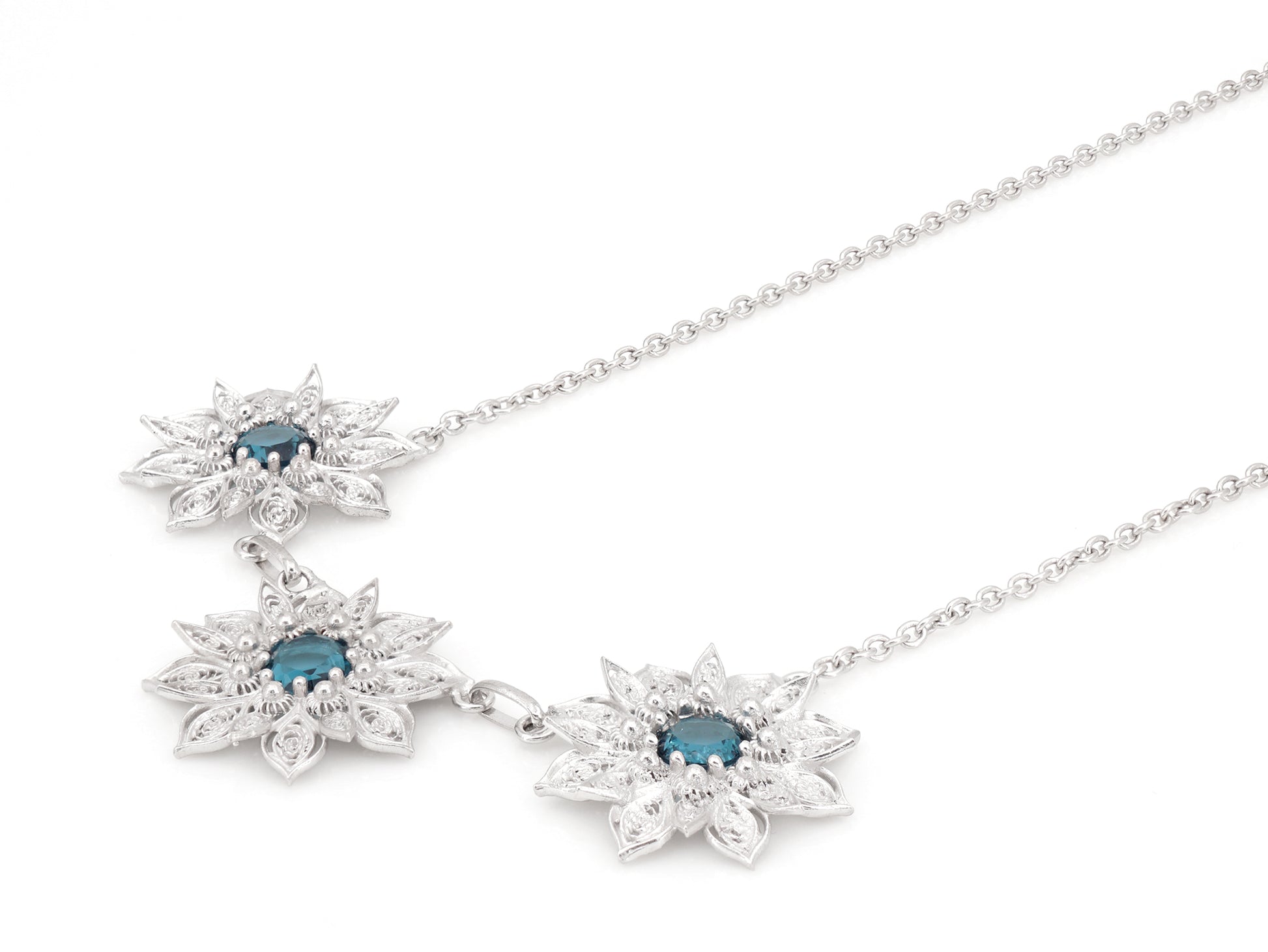 Colar Flores Ricas com Pedras, Filigrana Portuguesa, Prata de Lei 925 - Perspectiva