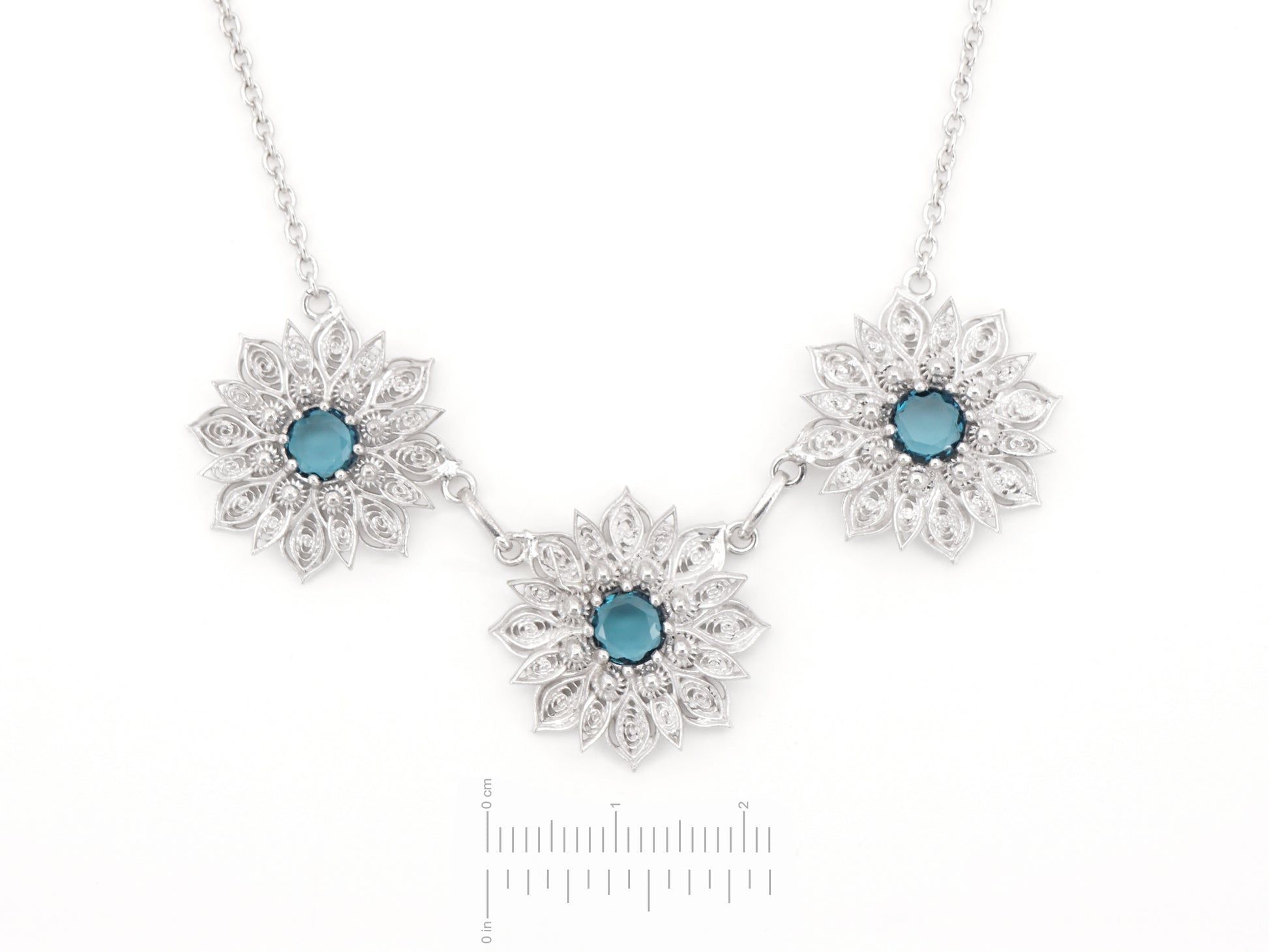 Colar Flores Ricas com Pedras, Filigrana Portuguesa, Prata de Lei 925 - Medida das Flores