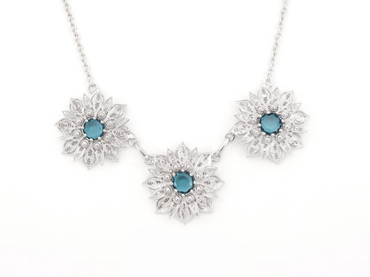 Colar Flores Ricas com Pedras, Filigrana Portuguesa, Prata de Lei 925 - Vista de Frente