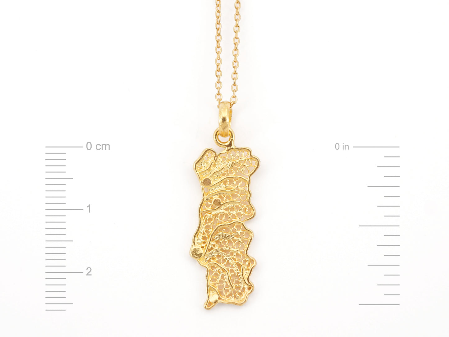 Colar Mapa de Portugal Médio, Filigrana Portuguesa, Prata de Lei 925 Dourada - Medidas