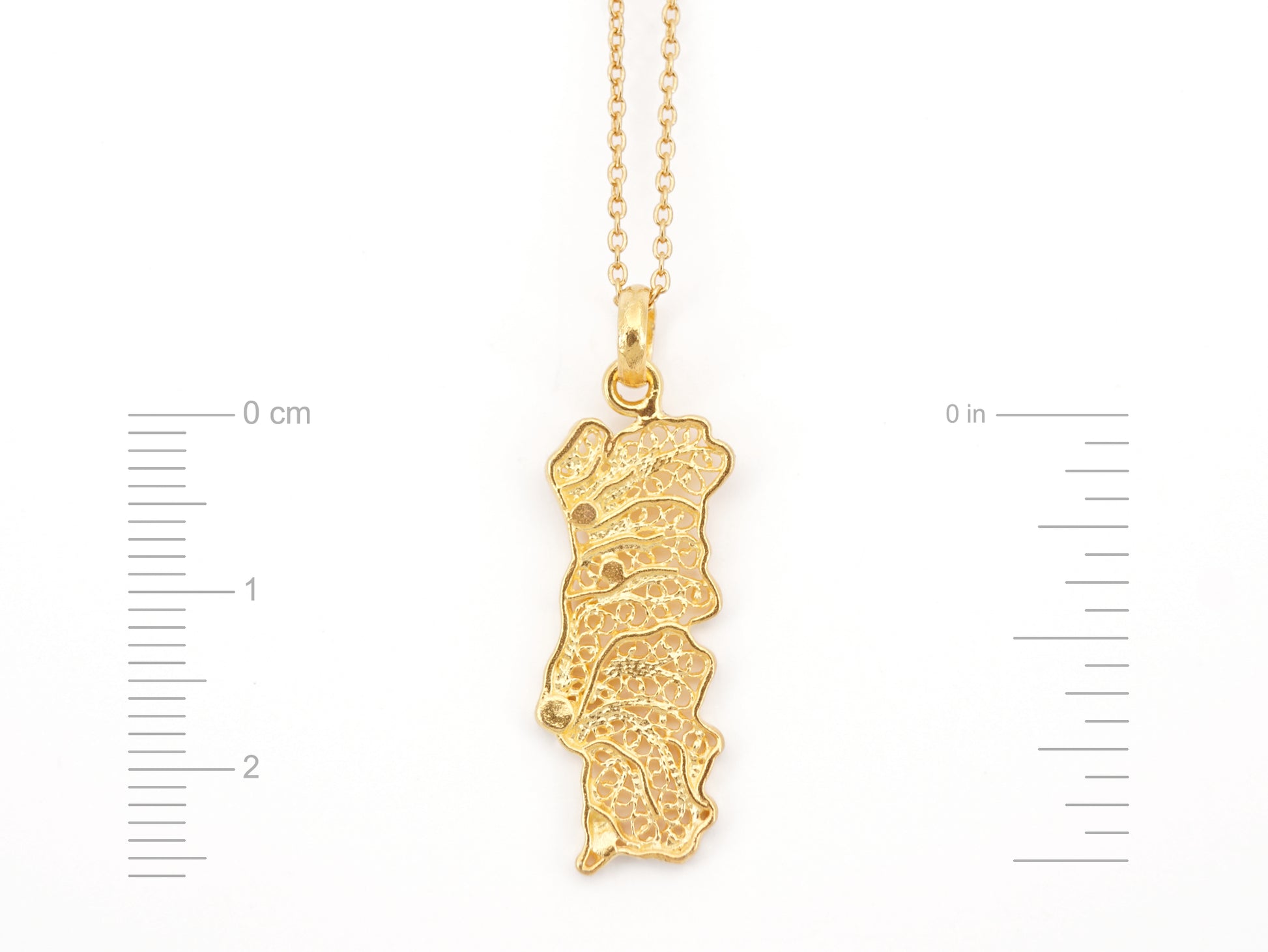 Colar Mapa de Portugal Médio, Filigrana Portuguesa, Prata de Lei 925 Dourada - Medidas
