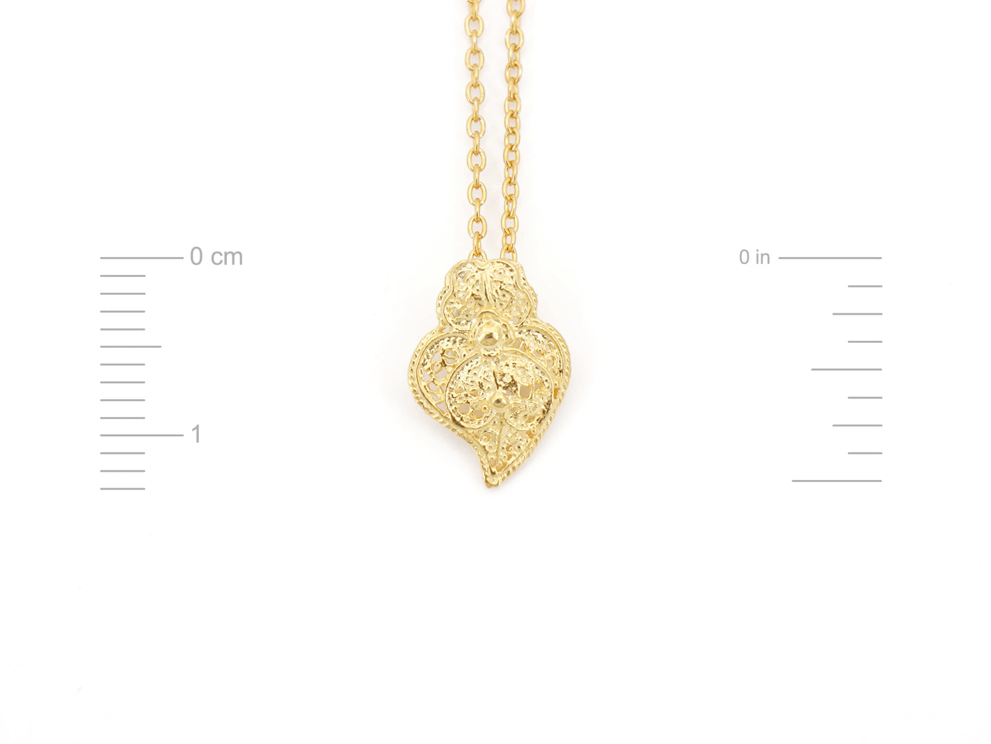 Colar Mini Coração de Viana, Filigrana Portuguesa, Prata de Lei 925 Dourada - Medidas