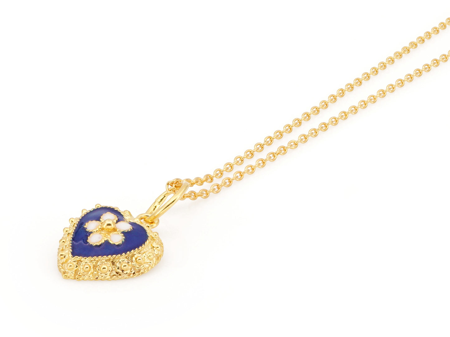 Colar Coração Caramujo Azul, Filigrana Portuguesa, Prata de Lei 925 Dourada