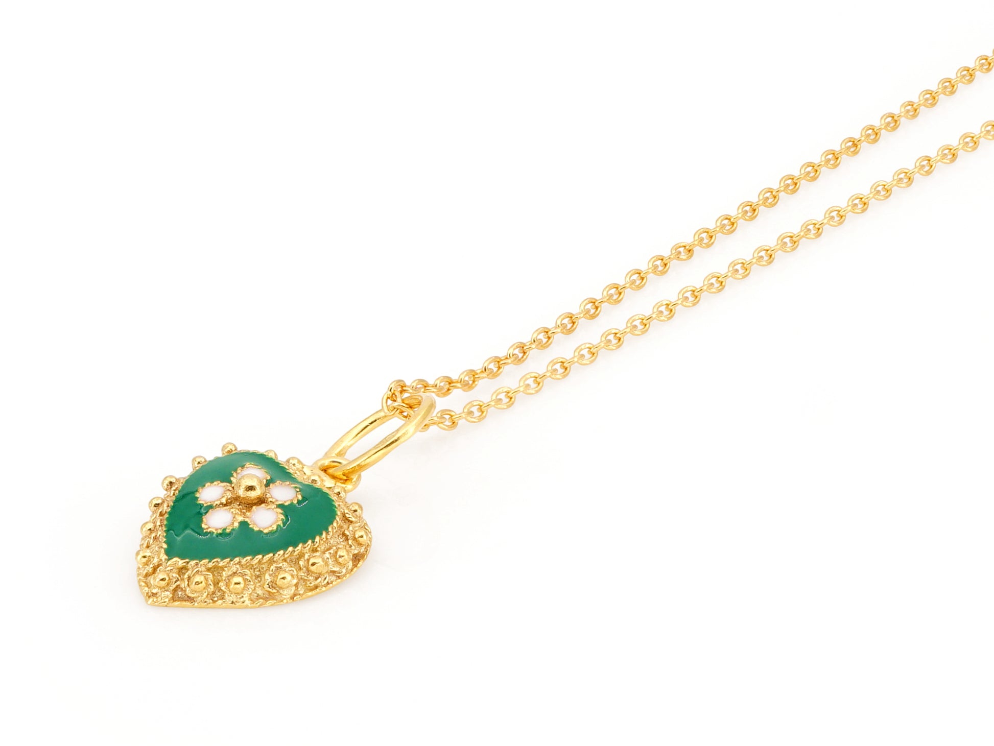Colar Coração Caramujo Verde, Filigrana Portuguesa, Prata de Lei 925 Dourada