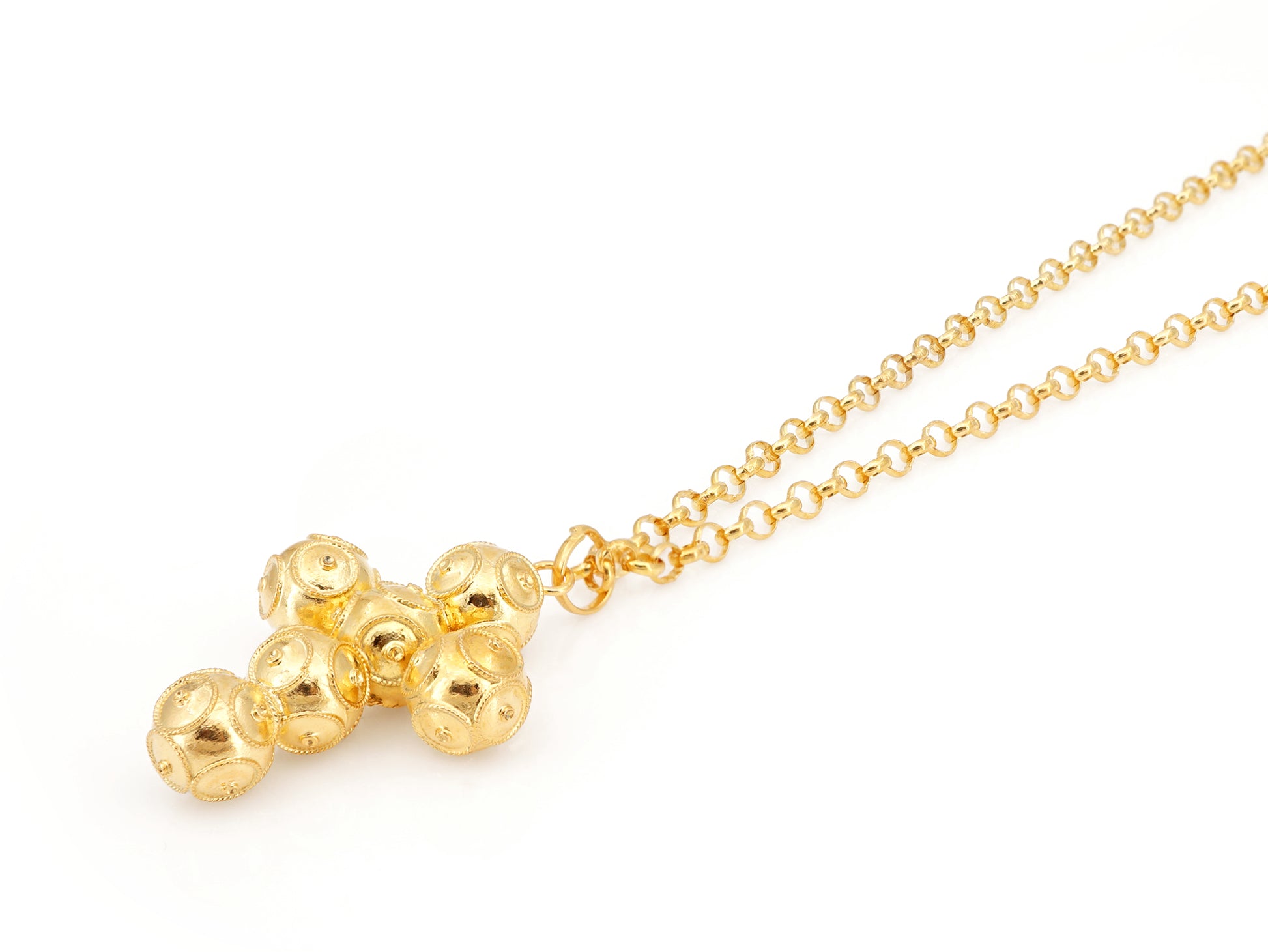 Colar com Cruz Média de Contas de Viana, Filigrana Portuguesa, Prata de Lei 925 Dourada - Perspectiva