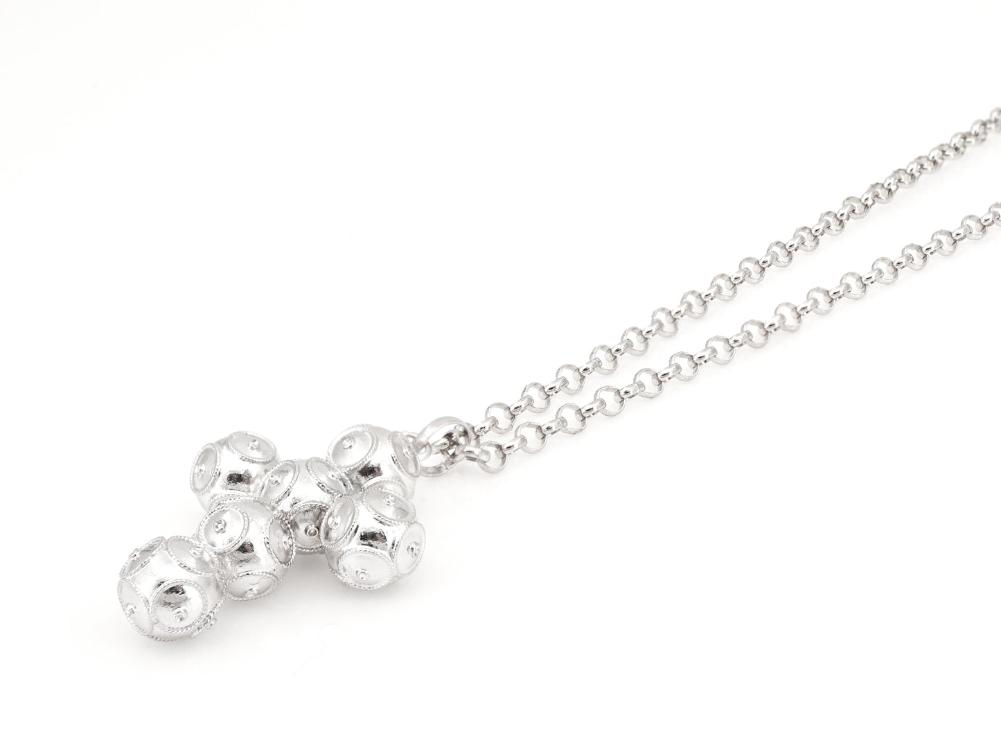 Colar com Cruz Média de Contas de Viana, Filigrana Portuguesa, Prata de Lei 925 - Perspectiva