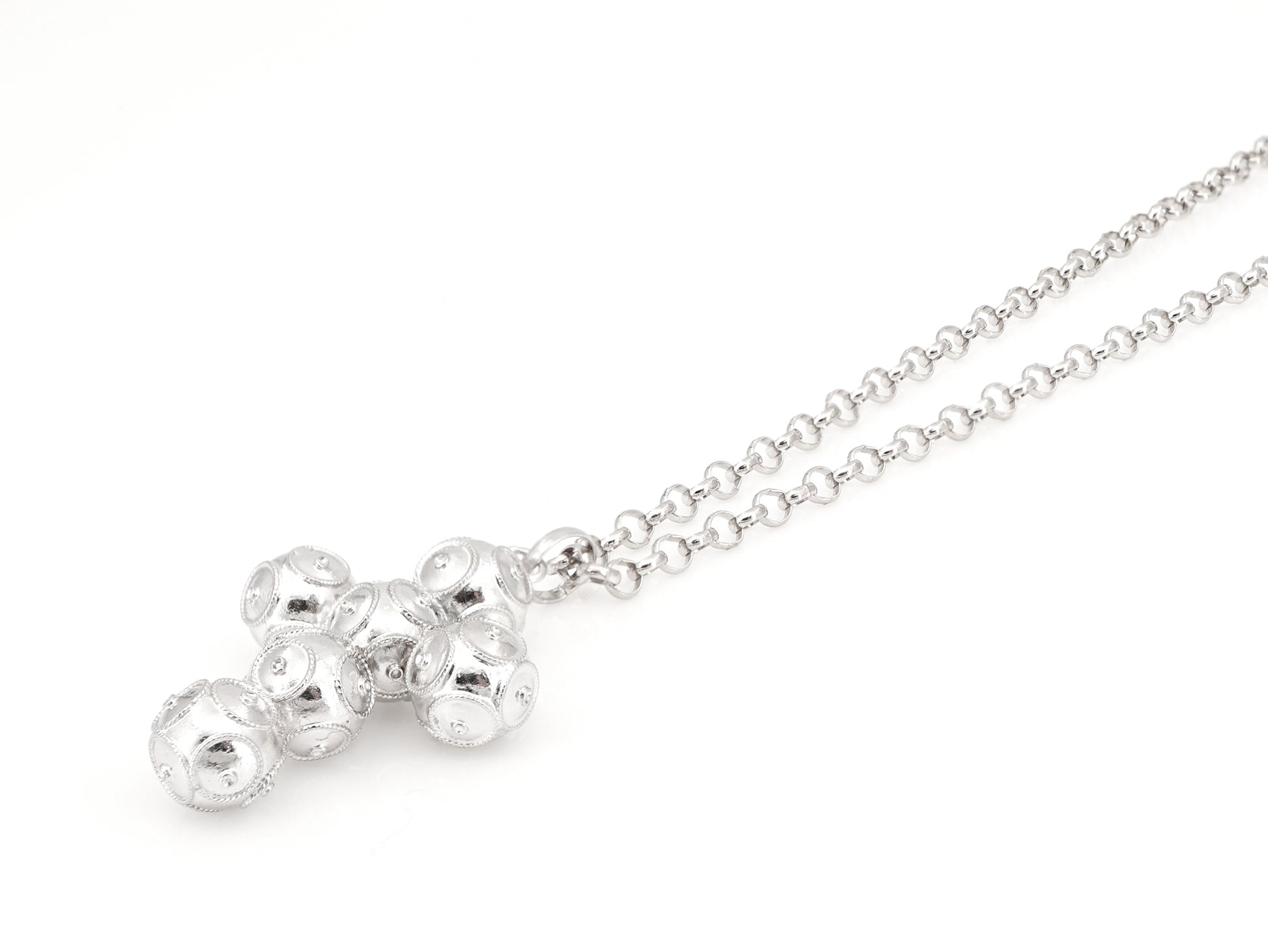 Colar com Cruz Média de Contas de Viana, Filigrana Portuguesa, Prata de Lei 925 - Perspectiva