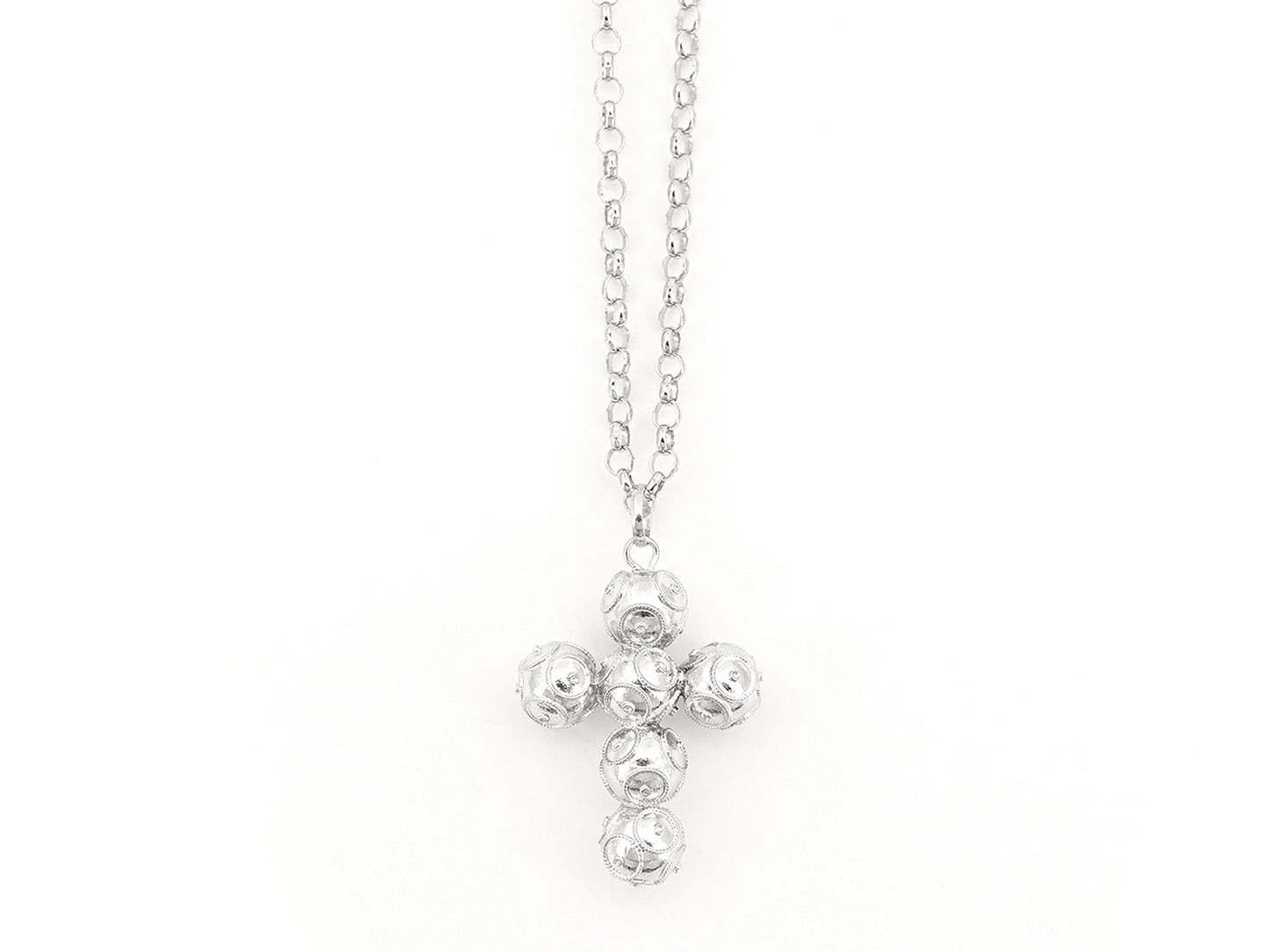 Colar com Cruz Média de Contas de Viana, Filigrana Portuguesa, Prata de Lei 925