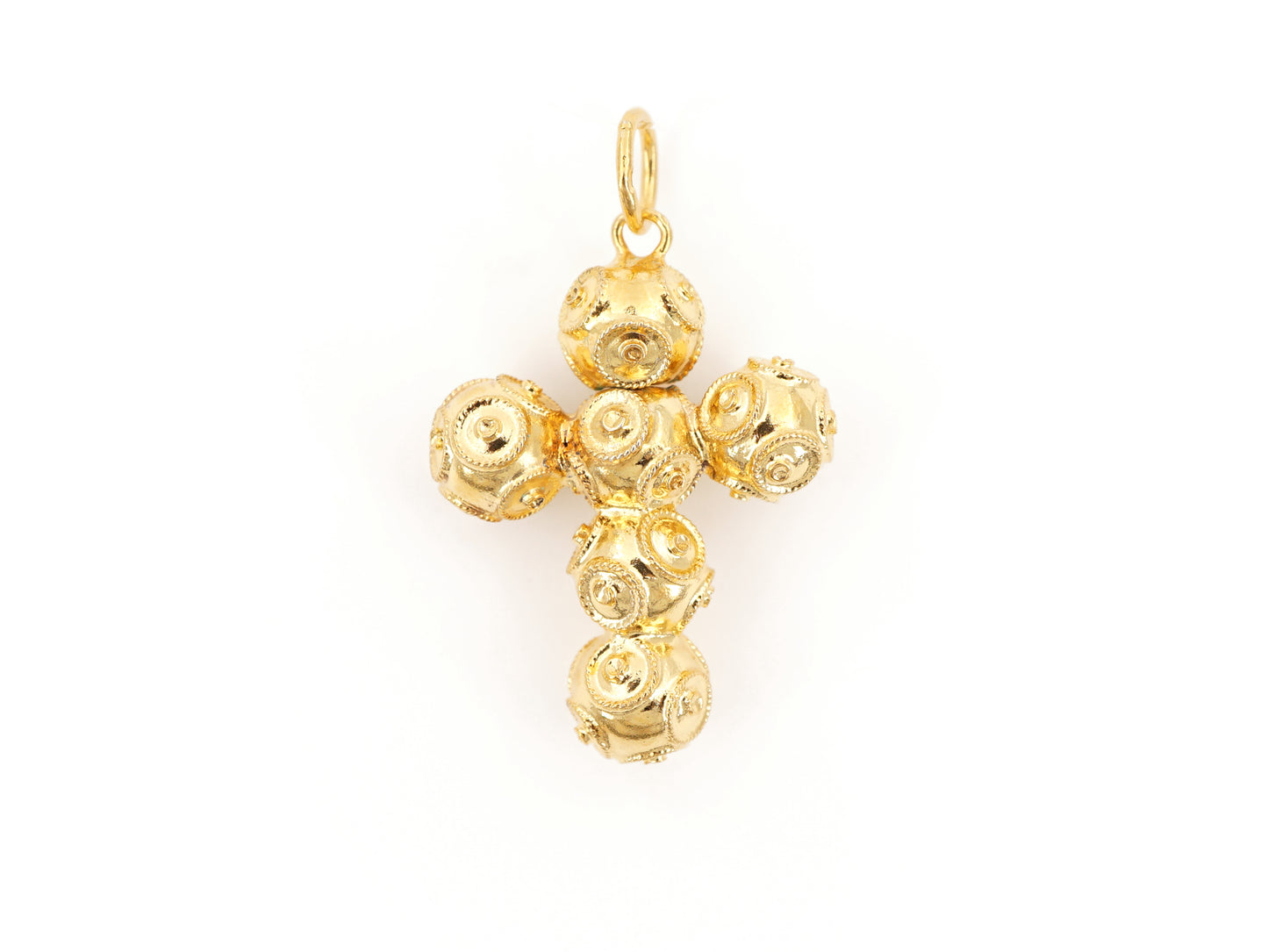 Medalha Cruz Pequena de Contas de Viana 6mm, Filigrana Portuguesa, Prata de Lei 925 Dourada