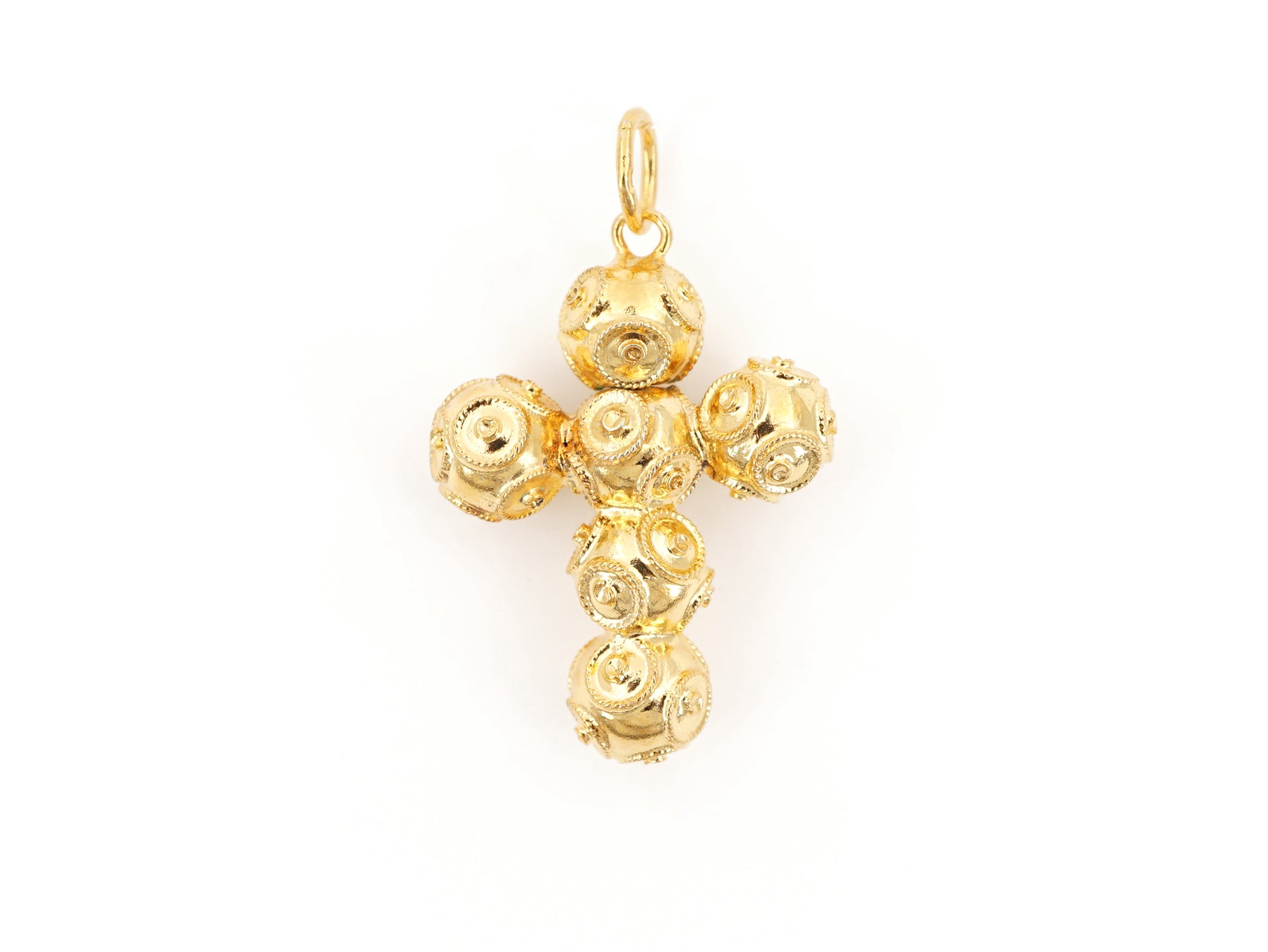 Medalha Cruz Pequena de Contas de Viana 6mm, Filigrana Portuguesa, Prata de Lei 925 Dourada
