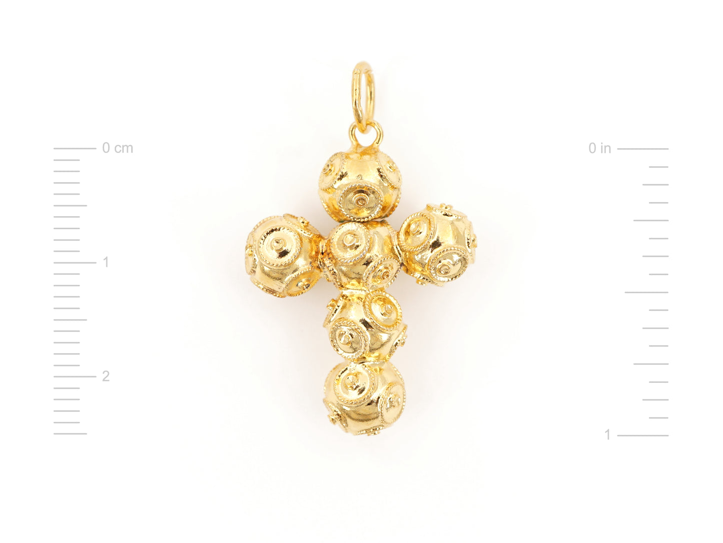 Medalha Cruz Pequena de Contas de Viana 6mm, Filigrana Portuguesa, Prata de Lei 925 Dourada - Medidas