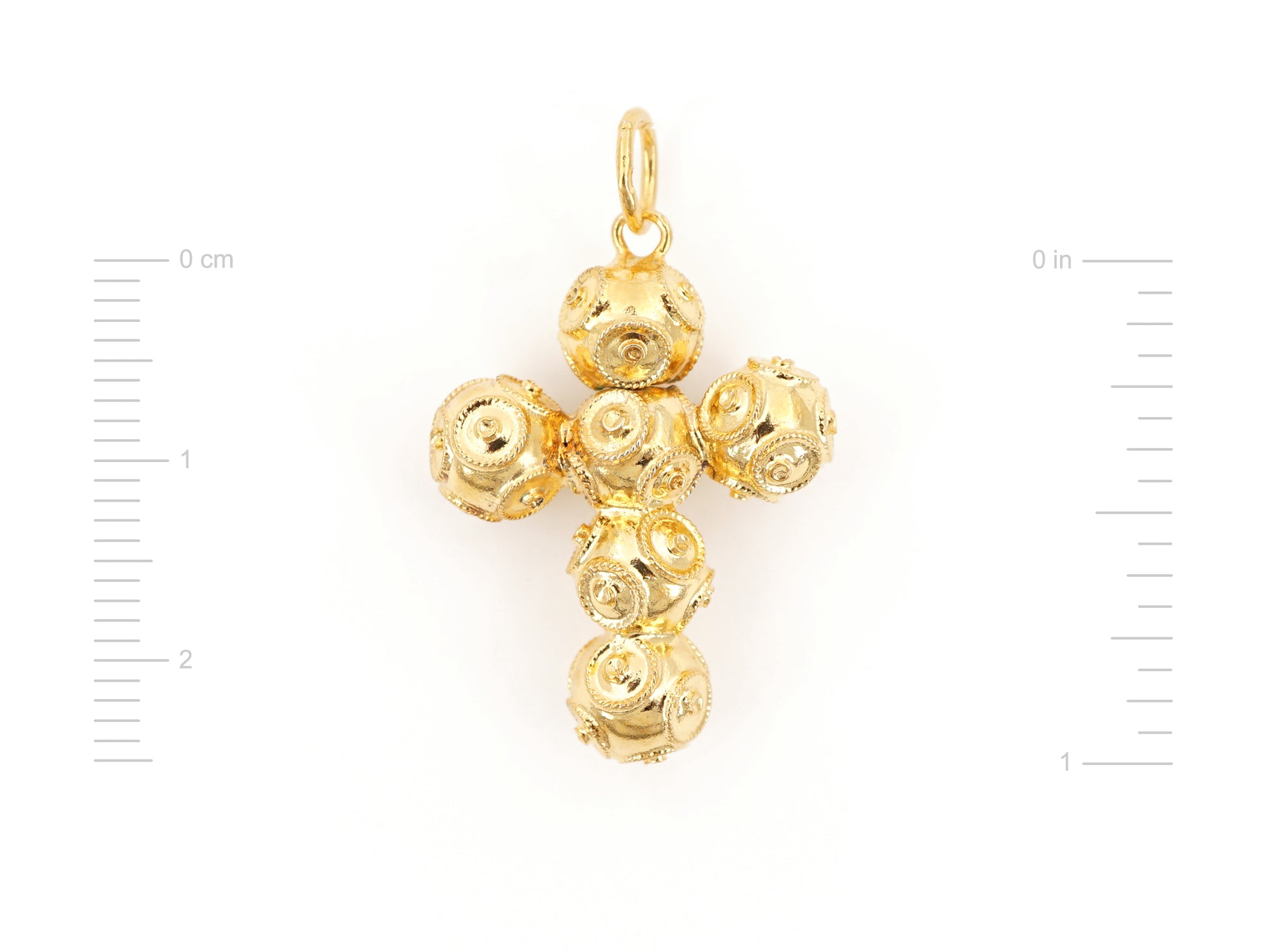 Medalha Cruz Pequena de Contas de Viana 6mm, Filigrana Portuguesa, Prata de Lei 925 Dourada - Medidas