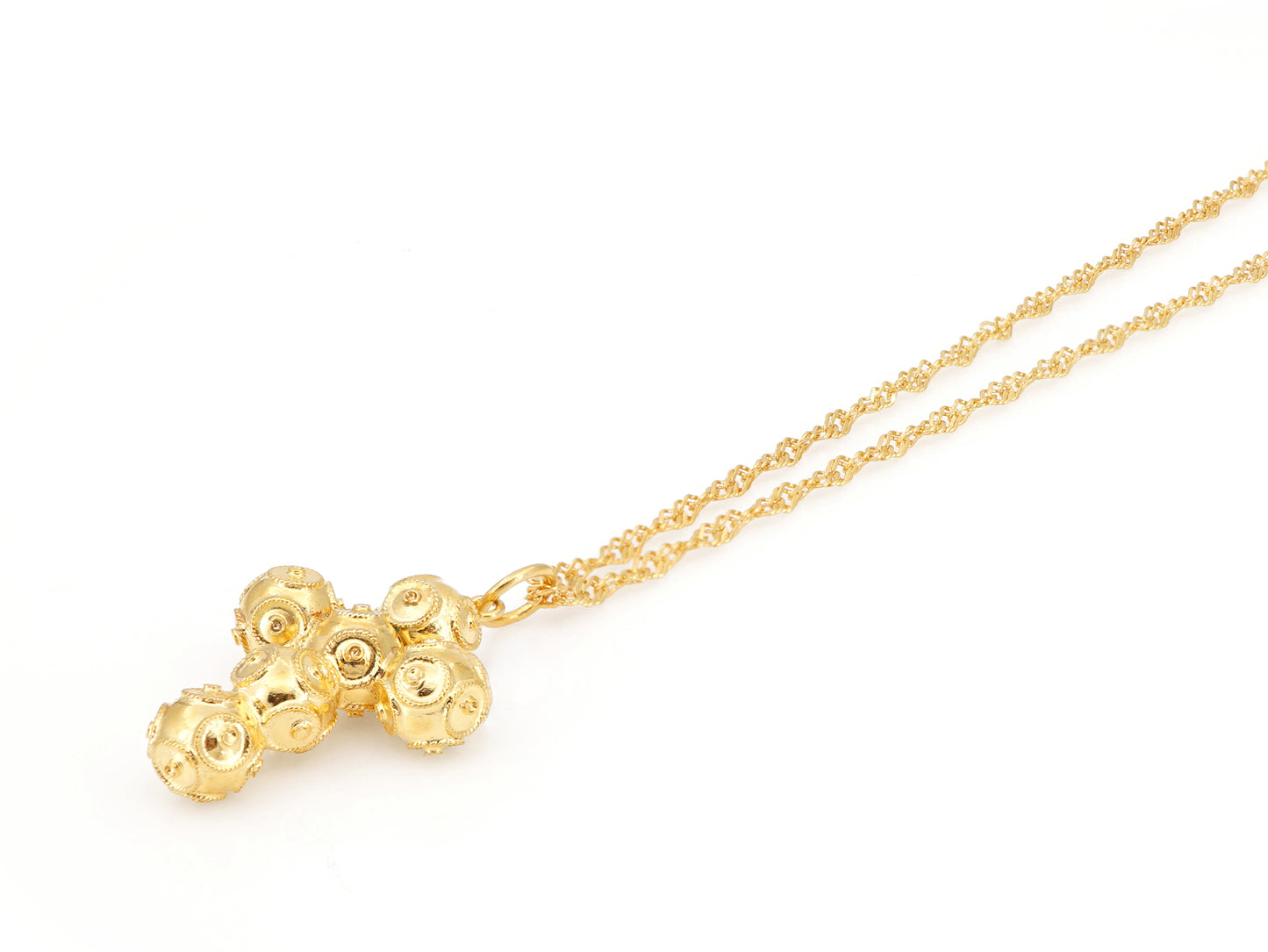 Colar Torcido com Cruz Pequena de Contas de Viana, Filigrana Portuguesa, Prata de Lei 925 Dourada - Perspectiva