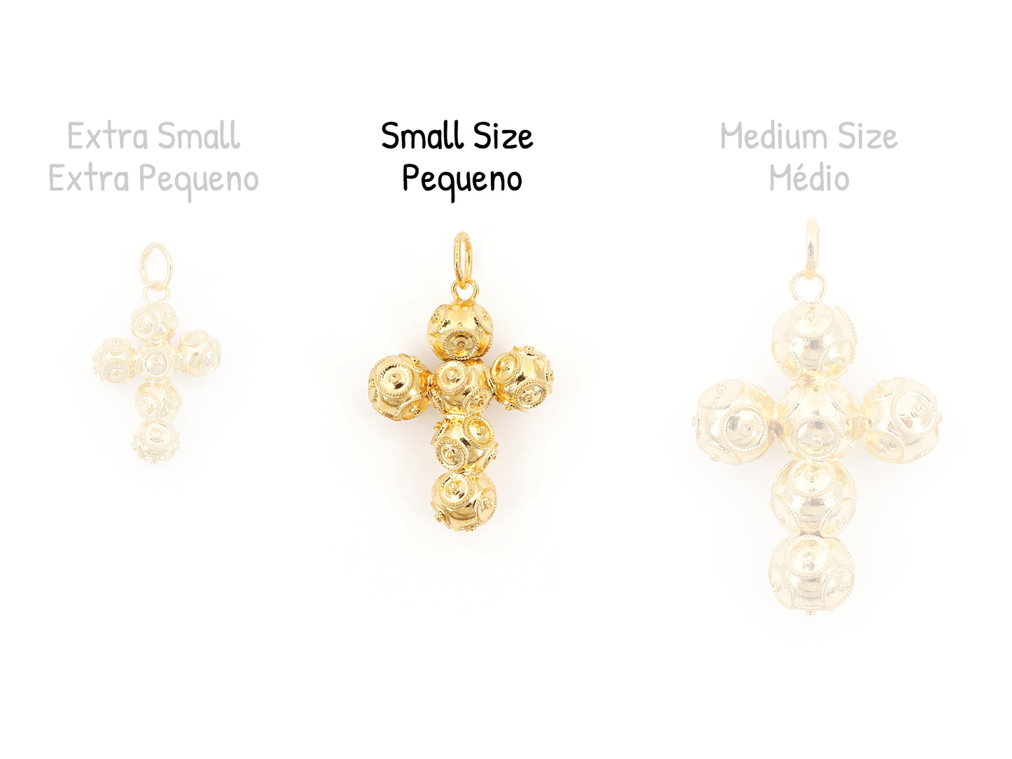 Cruz Pequena de Contas de Viana, Filigrana Portuguesa, Prata de Lei 925 Dourada - Comparação com Outros Tamanhos Disponíveis
