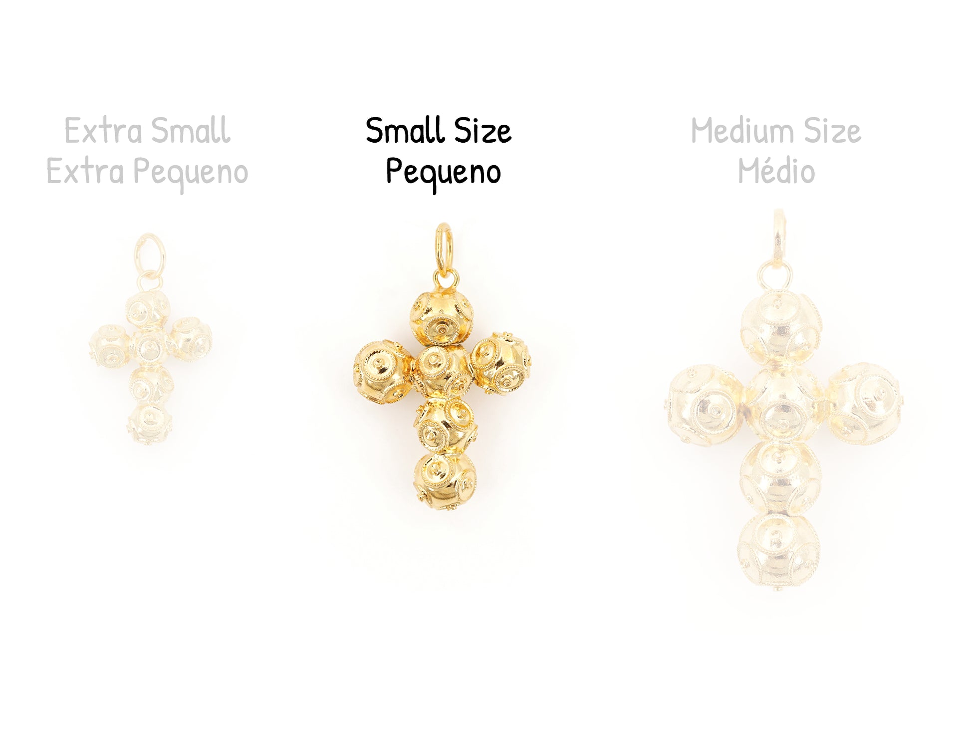 Cruz Pequena de Contas de Viana, Filigrana Portuguesa, Prata de Lei 925 Dourada - Comparação com Outros Tamanhos Disponíveis
