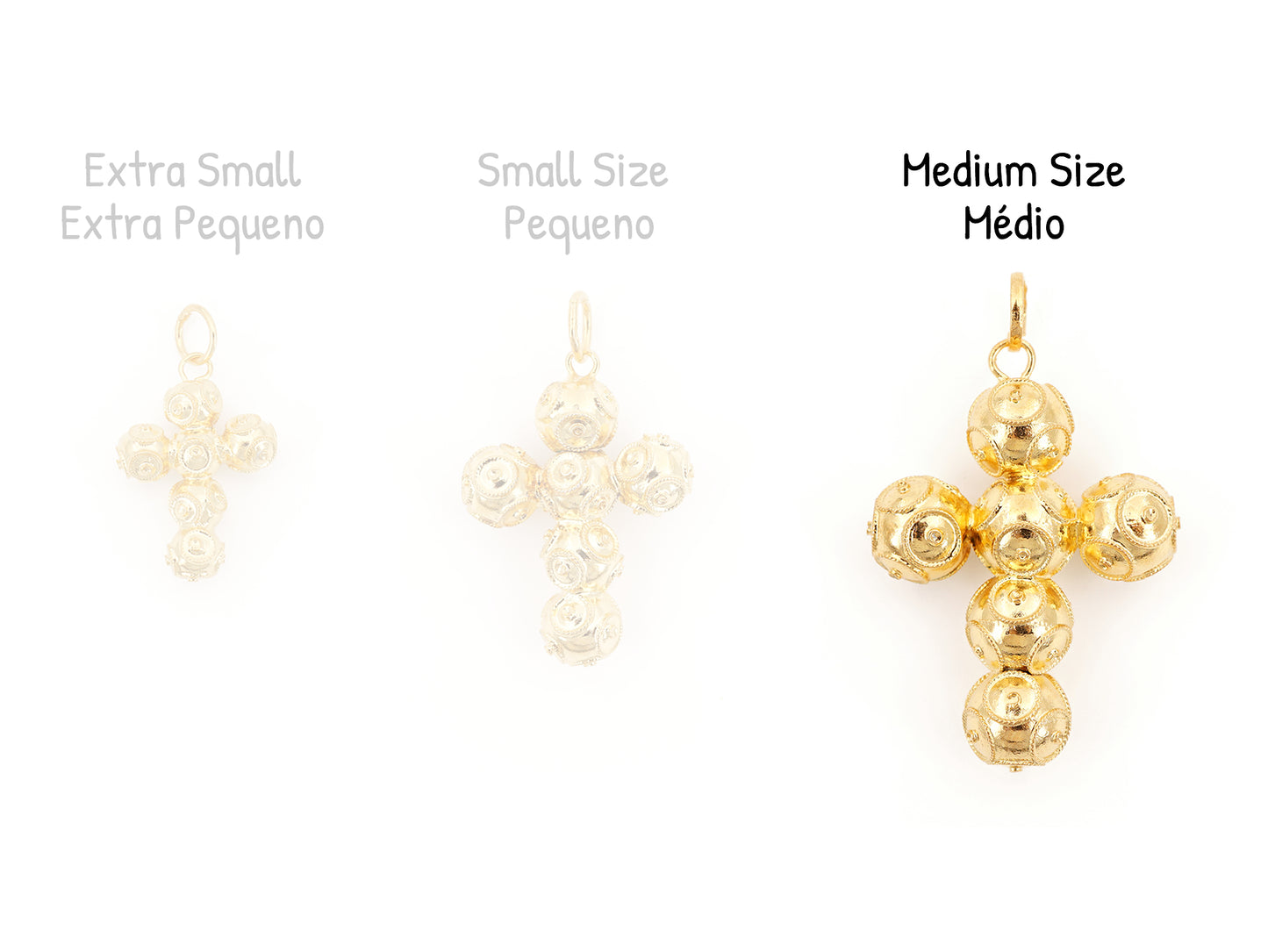 Cruz Média de Contas de Viana, Filigrana Portuguesa, Prata de Lei 925 Dourada - Comparação com Outros Tamanhos Disponíveis