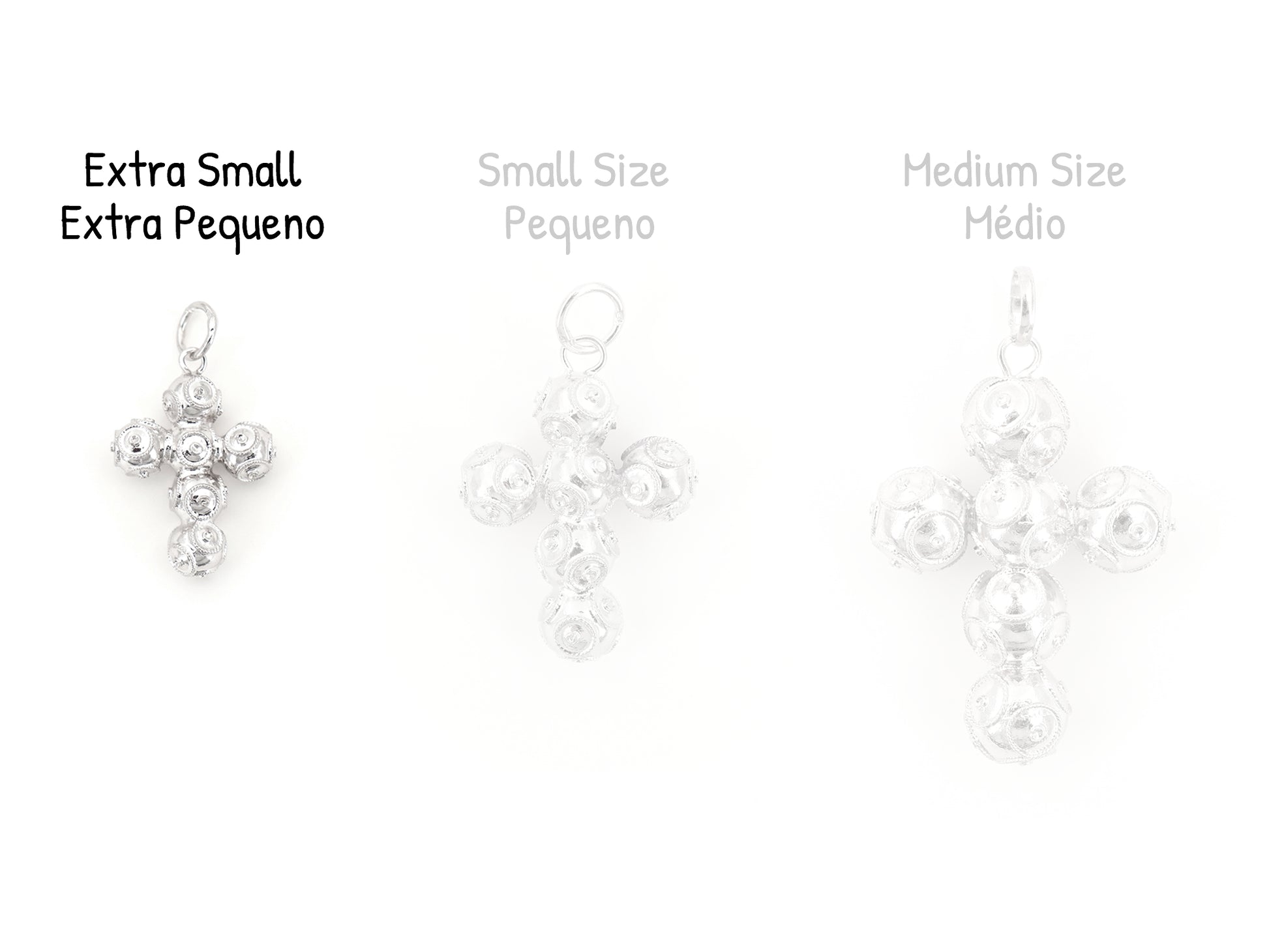 Cruz Extra Pequena de Contas de Viana, Filigrana Portuguesa, Prata de Lei 925 - Comparação com Outros Tamanhos Disponíveis